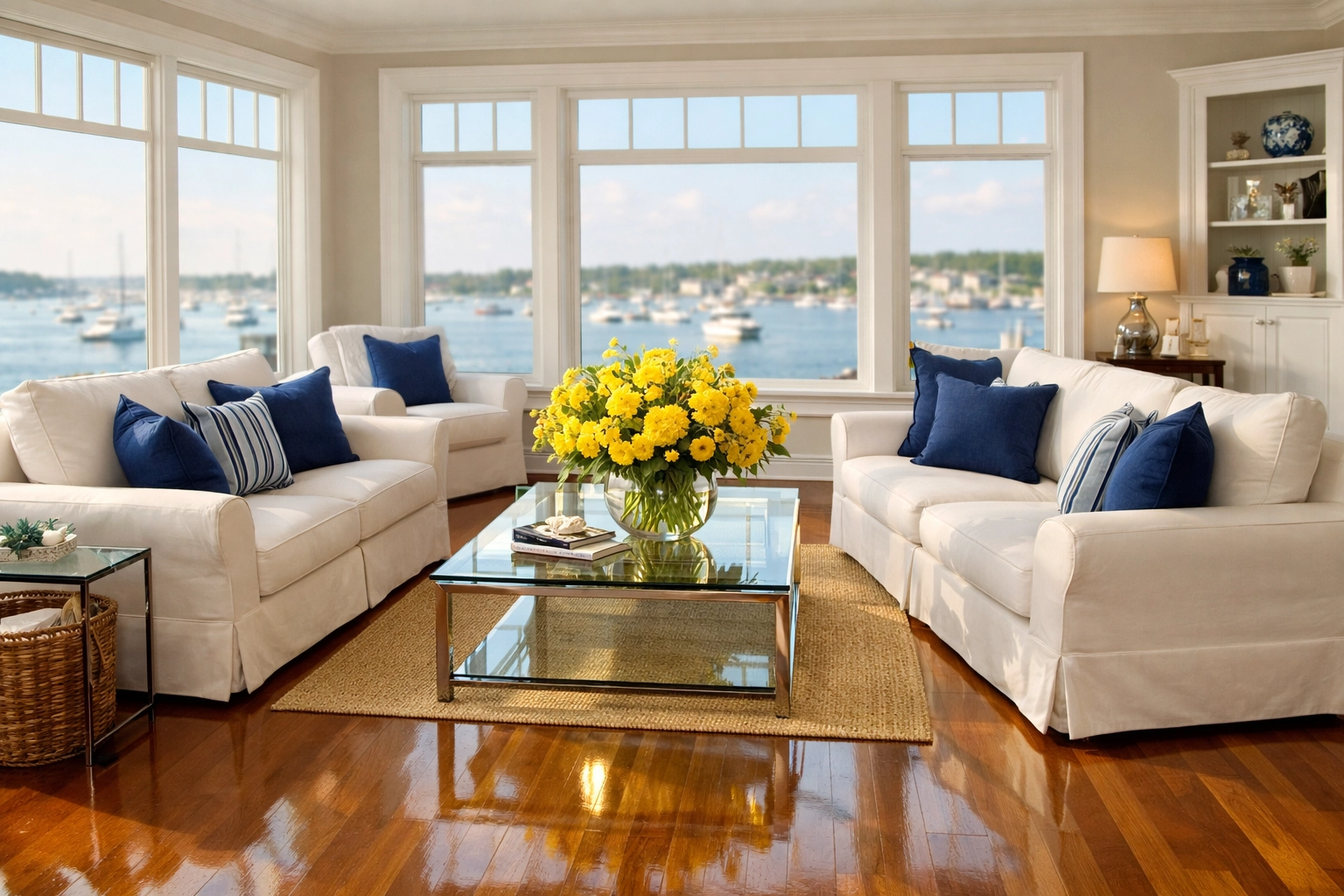 A bright coastal living room featuring a spotless finish after expert Deep Cleaning in Marblehead MA.