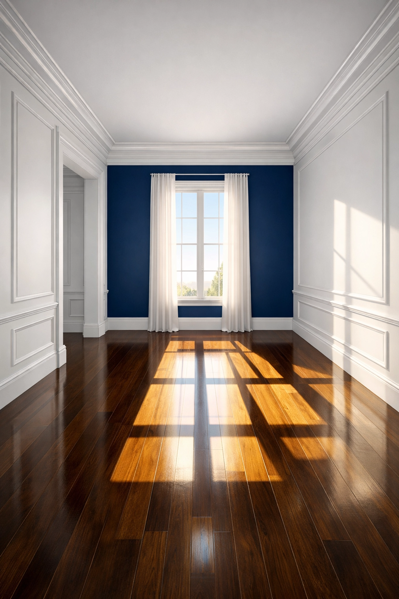 Polished dark wood floors in a pristine home foyer from professional house cleaning in Westminster, MA.
