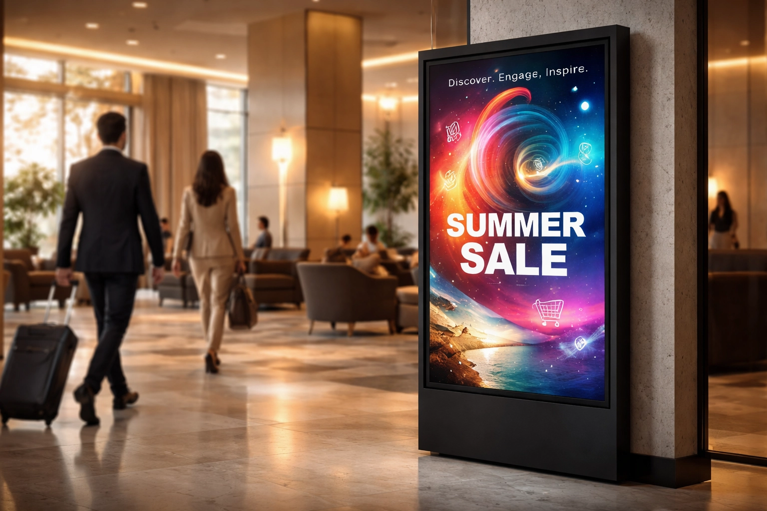 Digital advertising screen in a modern hotel lobby demonstrating premium DOOH technology integration.