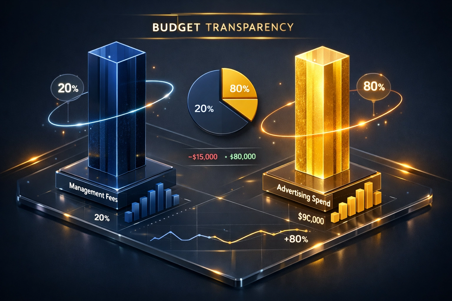 Financial dashboard showing budget transparency for management fees and advertising spend allocation.