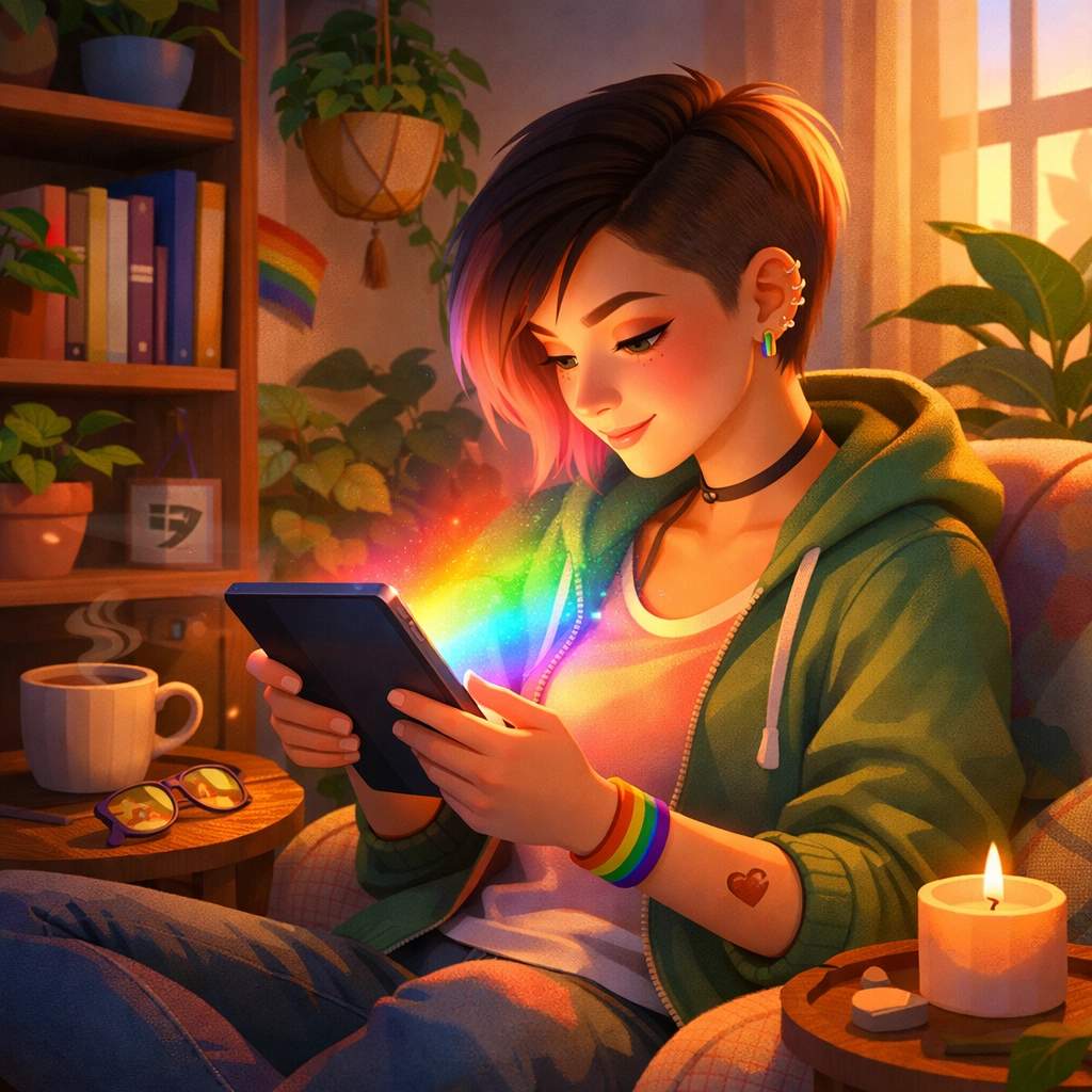 A woman reading queer fiction on a tablet, with rainbow light symbolizing the spiritual power of LGBTQ+ stories.