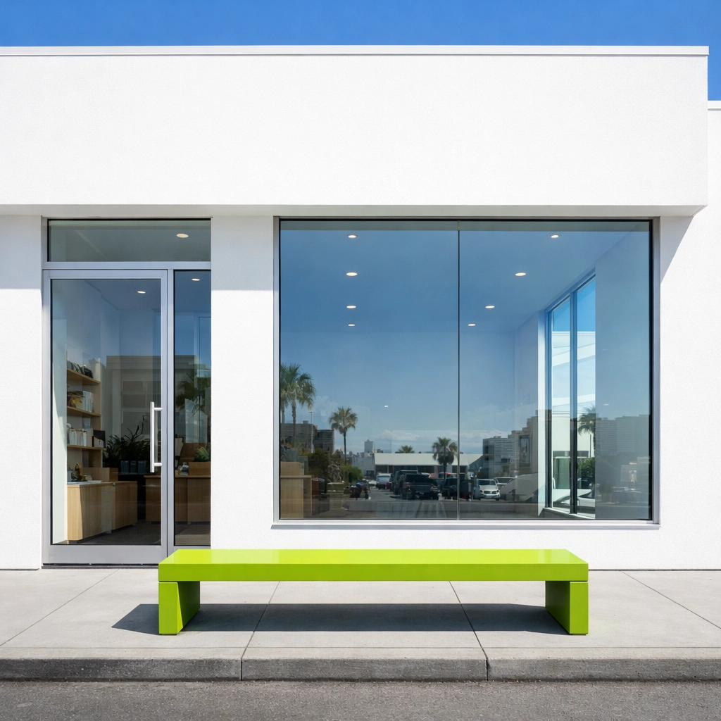 Crisp white minimalist storefront representing a managed professional online presence for local businesses.