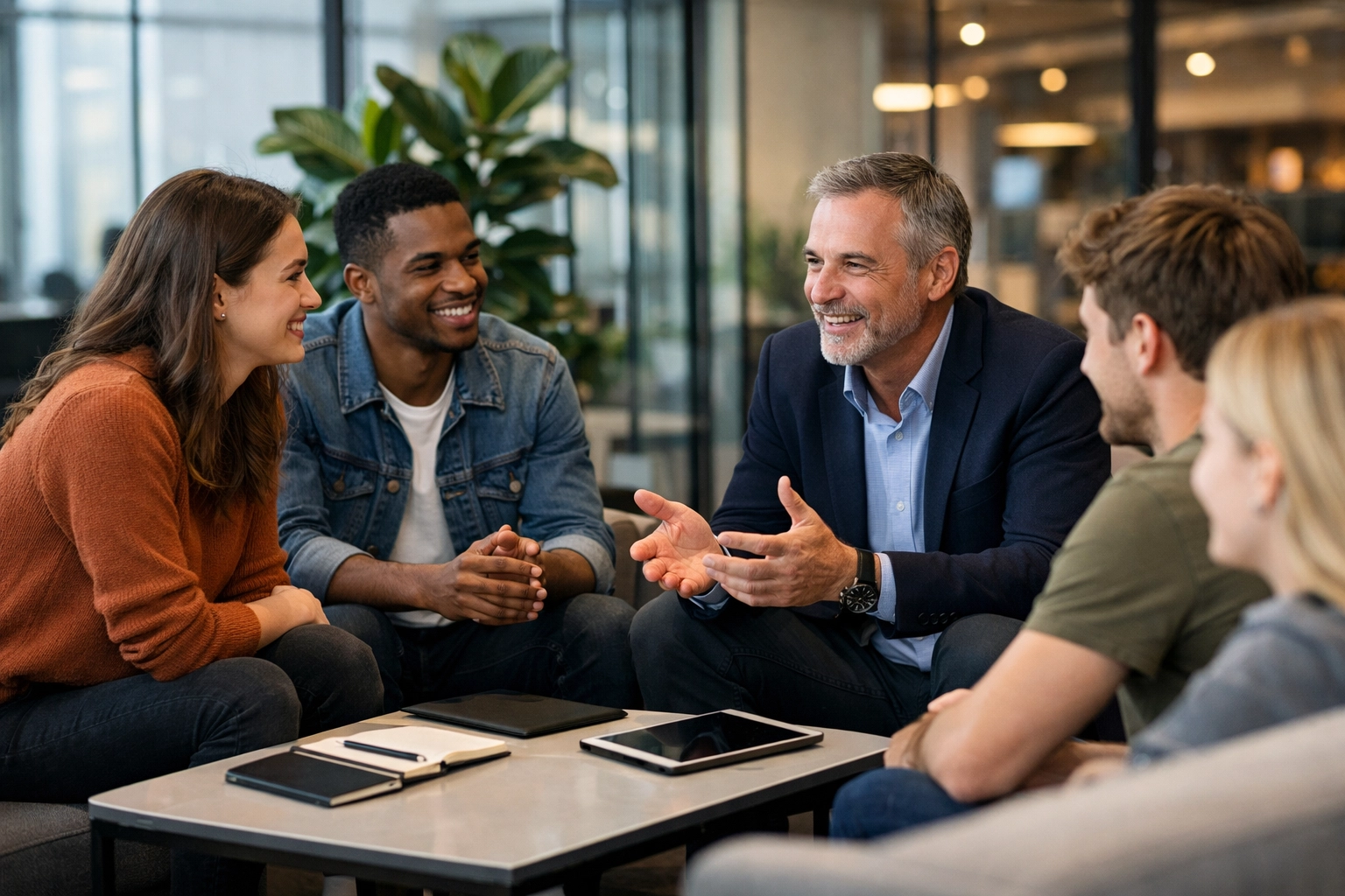 Professionals and students networking in an office lounge to build a strong talent funnel.