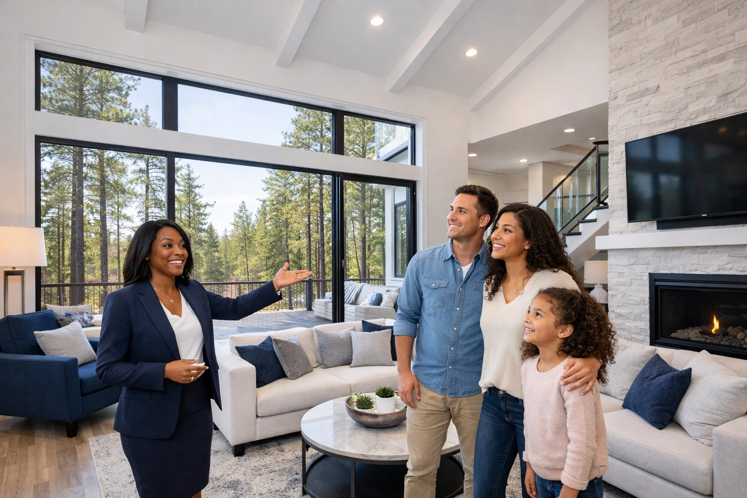 Professional real estate agent nc triangle showing a modern open-concept home to a diverse family.