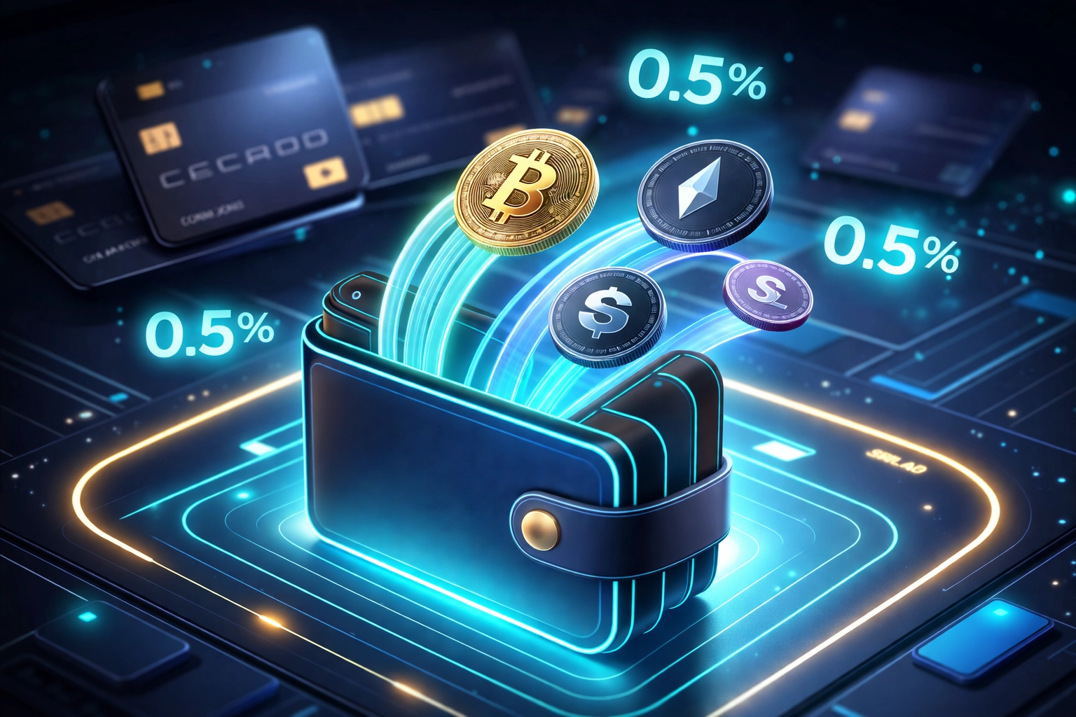 Digital wallet receiving popular cryptocurrencies as credit cards fade, illustrating crypto payments lowering fees and eliminating volatility for small businesses.