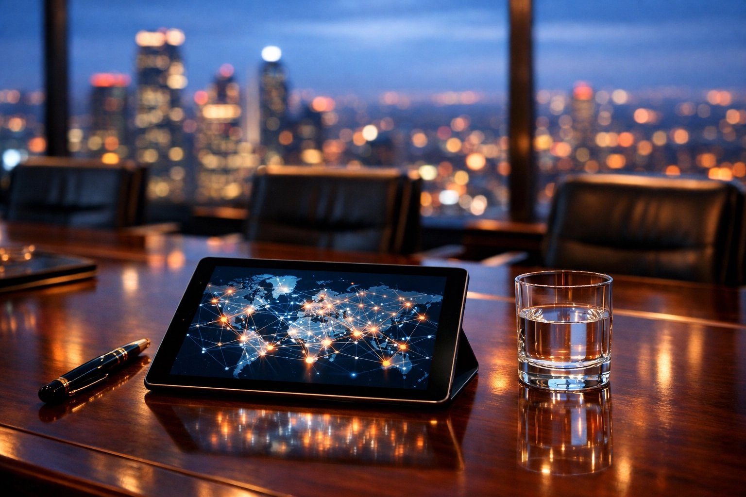 A digital network map on a tablet in a boardroom symbolizing international asset tracing and recovery.