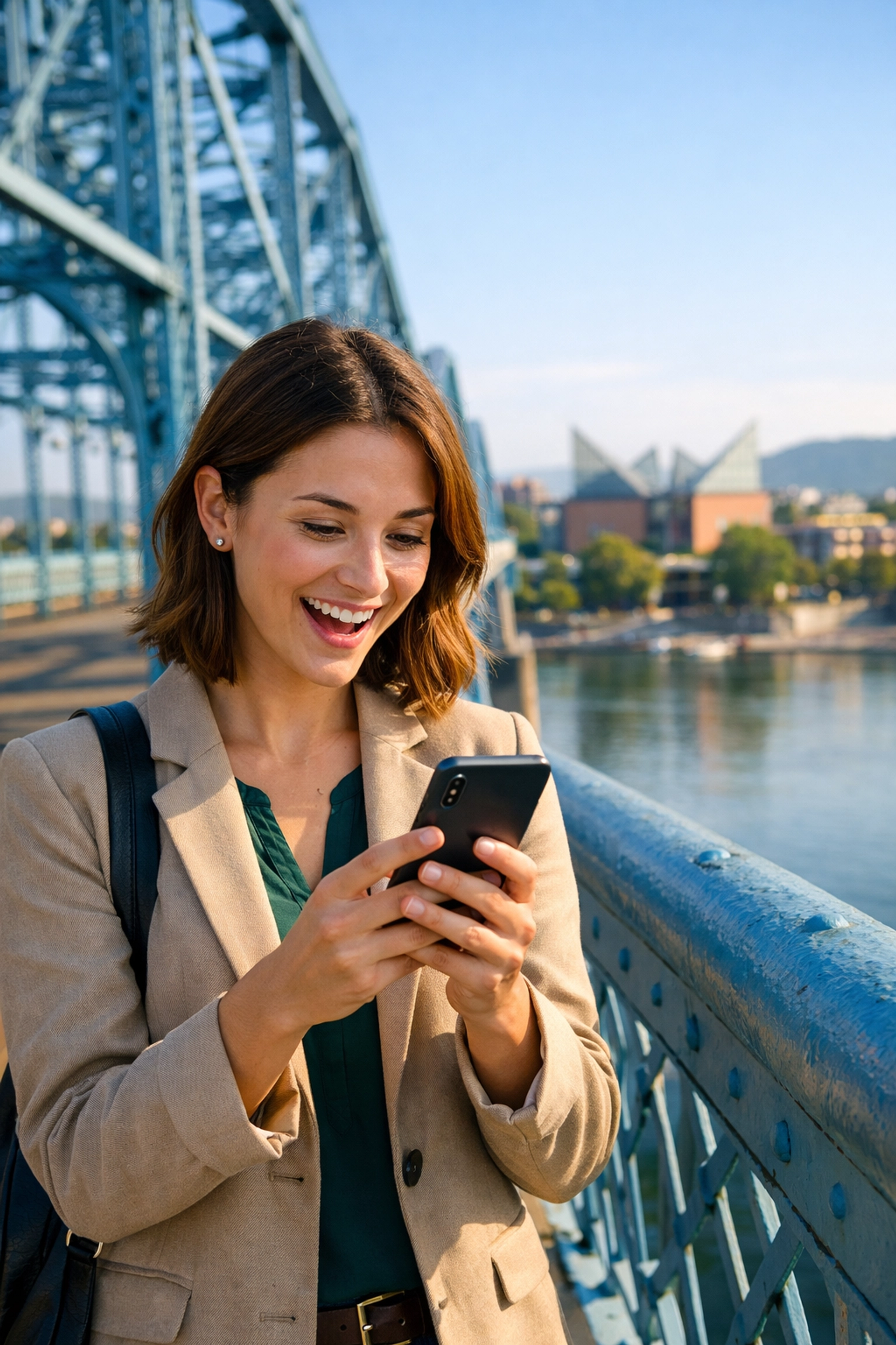 Young professional using a smartphone on Walnut Street Bridge for local Chattanooga business search.