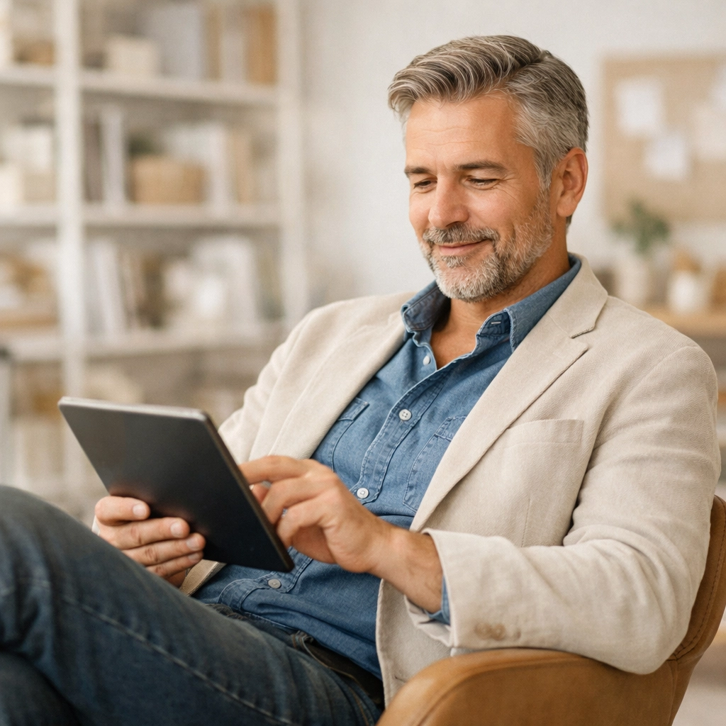 Business owner in an organized office using real-time data to manage tax compliance with confidence.
