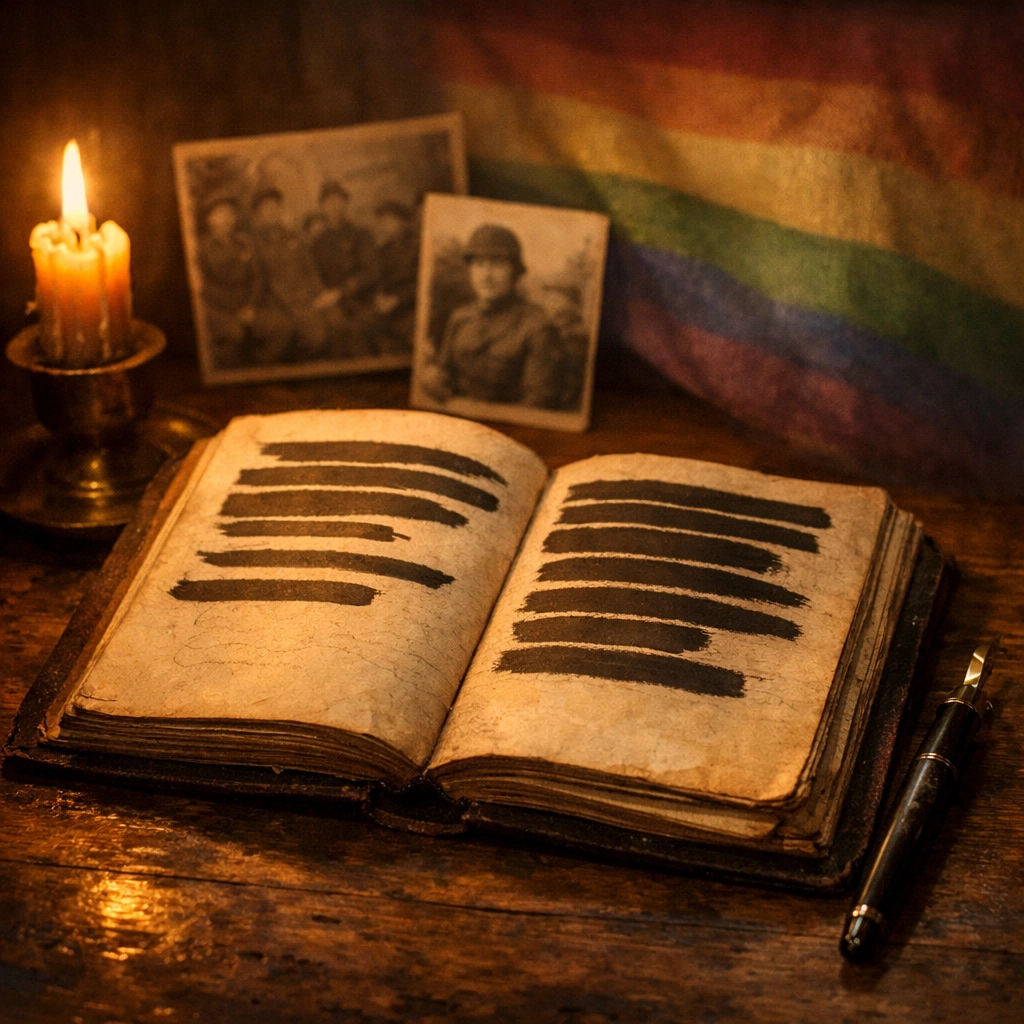 Blank diary pages and rainbow flag symbolizing erased LGBTQ+ military history during wartime