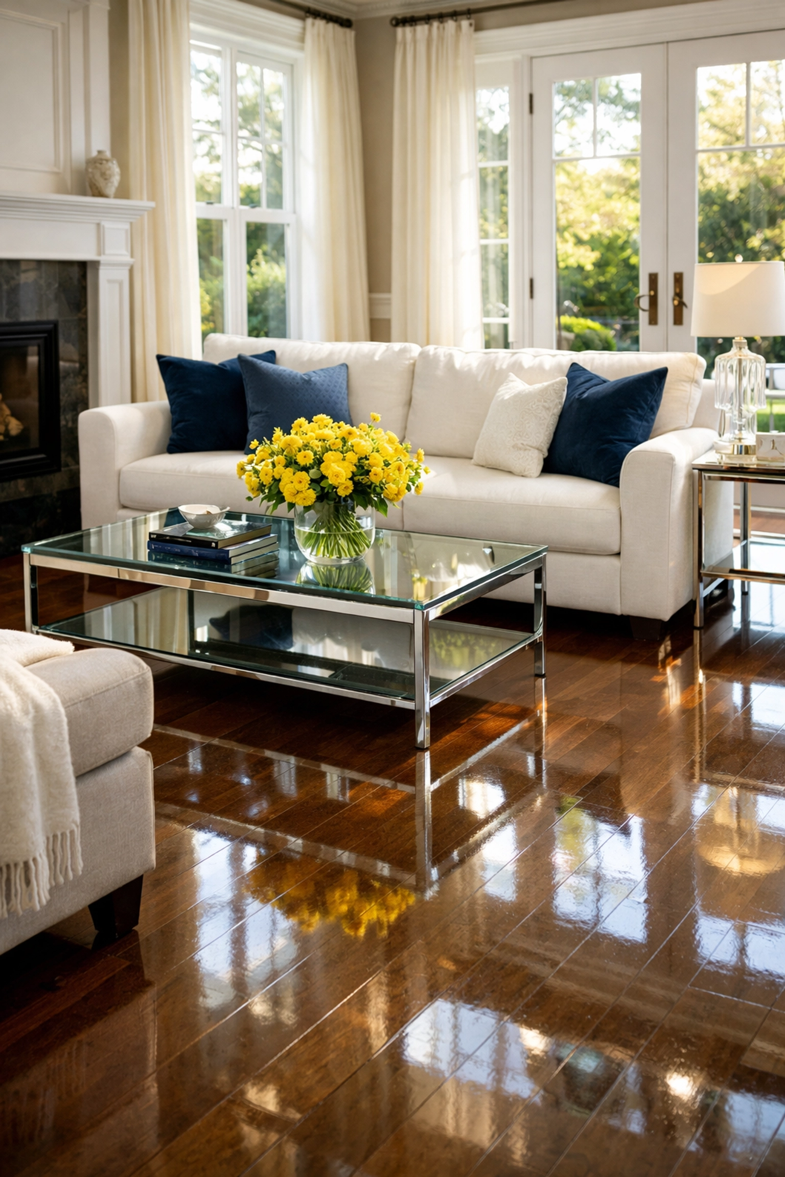 Professionally cleaned living room with polished wood floors and tidy furniture in a bright home.