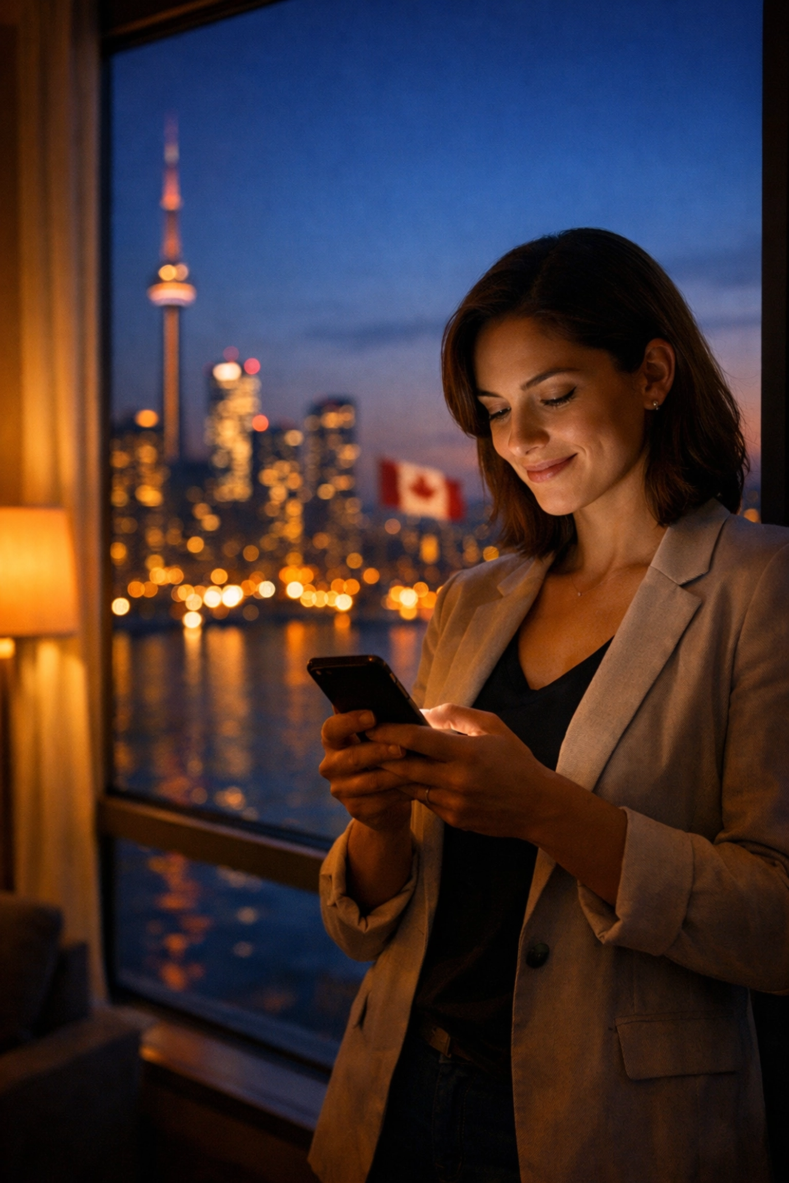 Accessing an instant payday loan in Canada 24/7 through a smartphone with a city view.