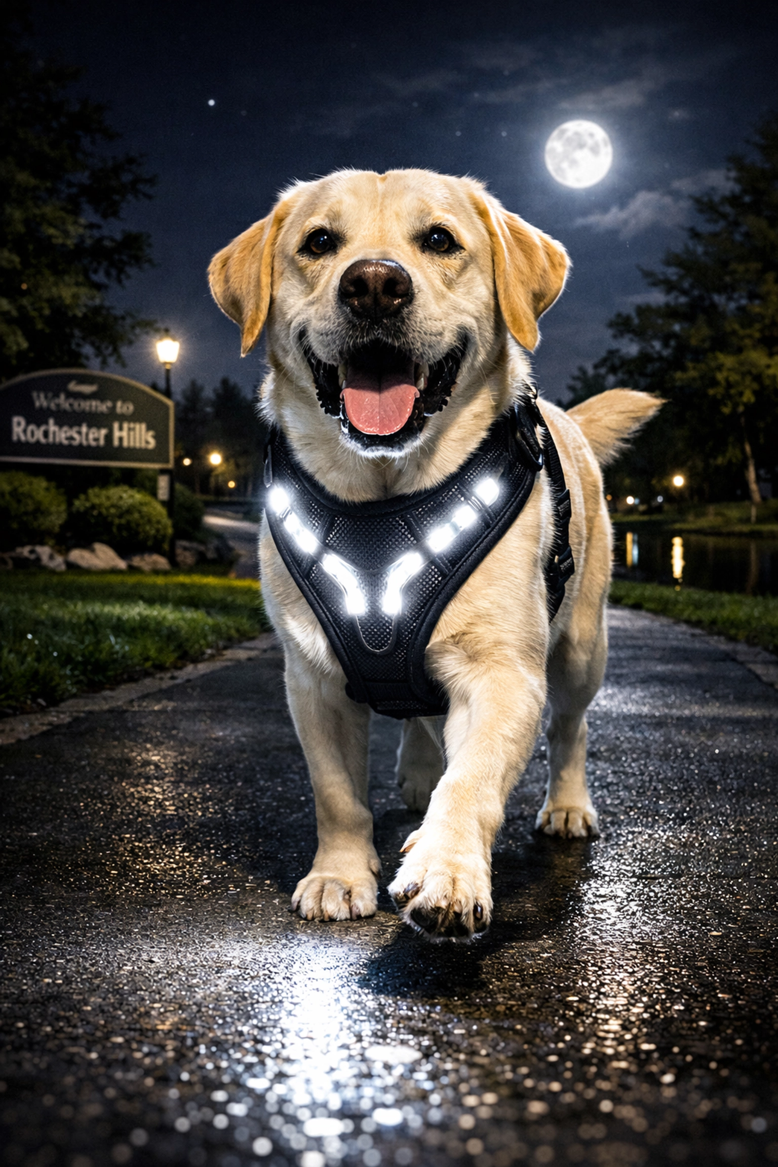 Dog wearing a black mesh LED safety harness with white lights in a Rochester Hills park at night.