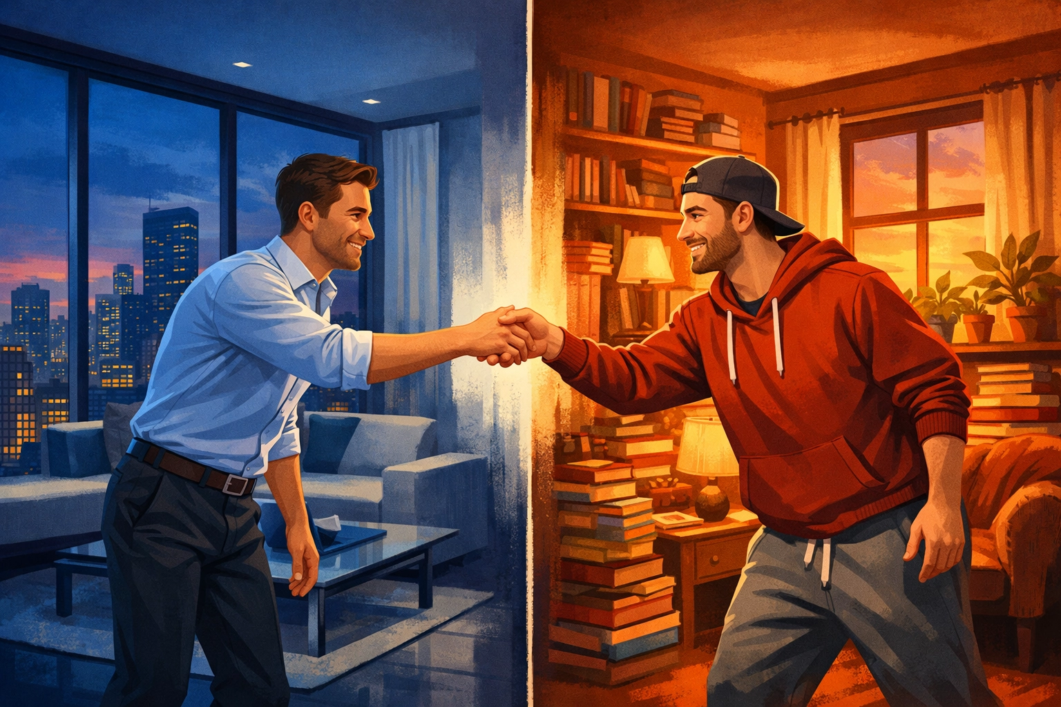 Split view contrasting penthouse luxury and cozy apartment - two men bridging class divide in gay romance