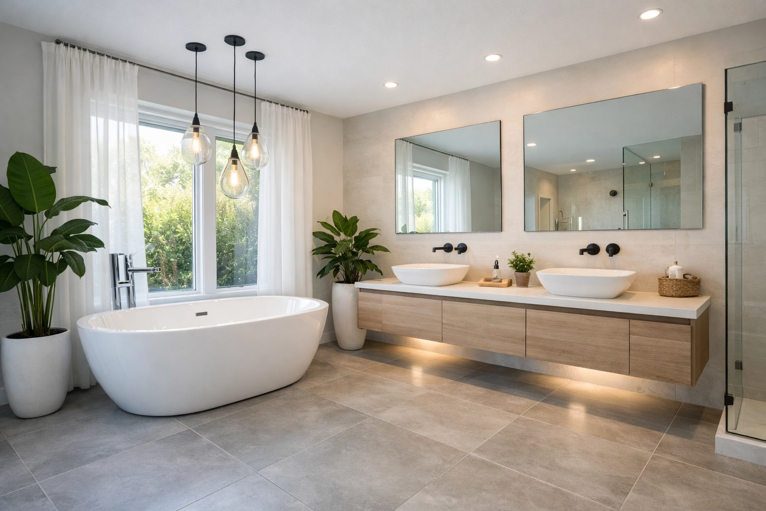 Completed modern bathroom remodel in Central Florida with luxury finishes