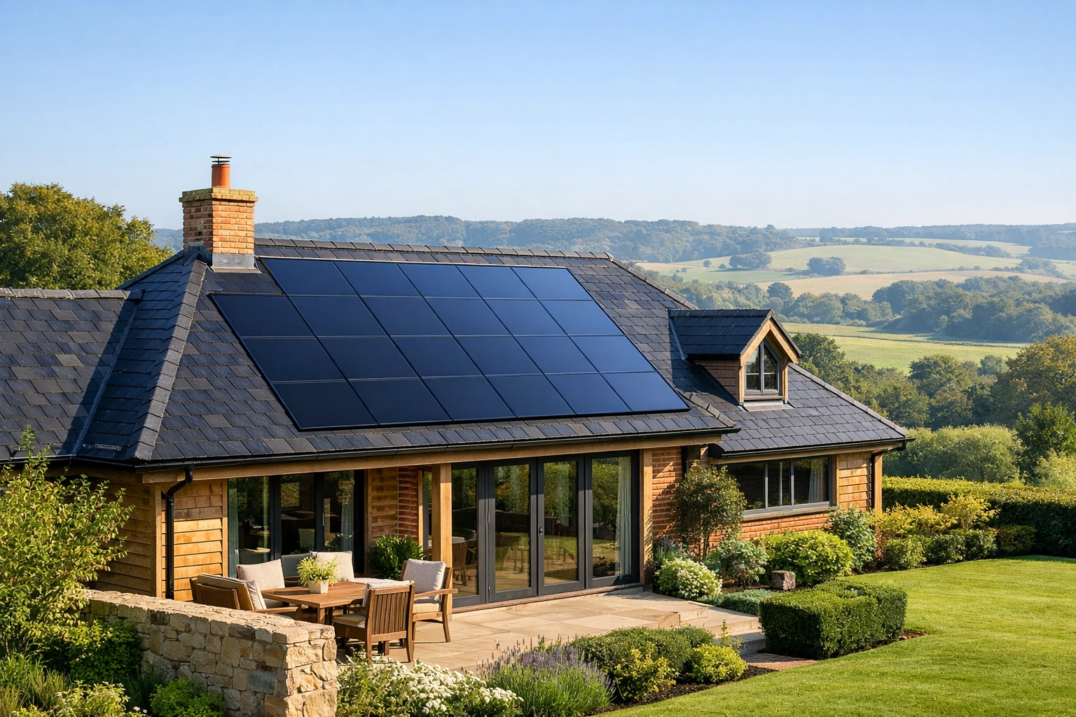 Modern solar panels installed on a traditional slate roof of a residential Hampshire home.