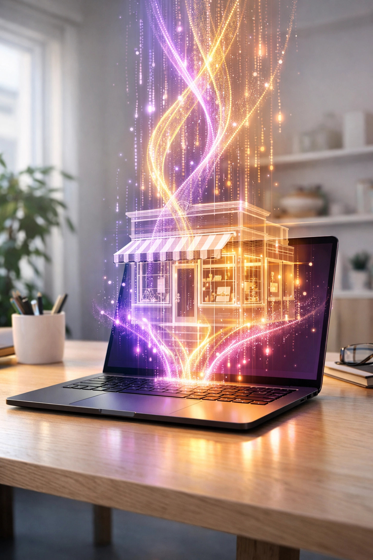 Digital data streams representing LocalBusiness Schema markup connecting a website to its physical storefront.