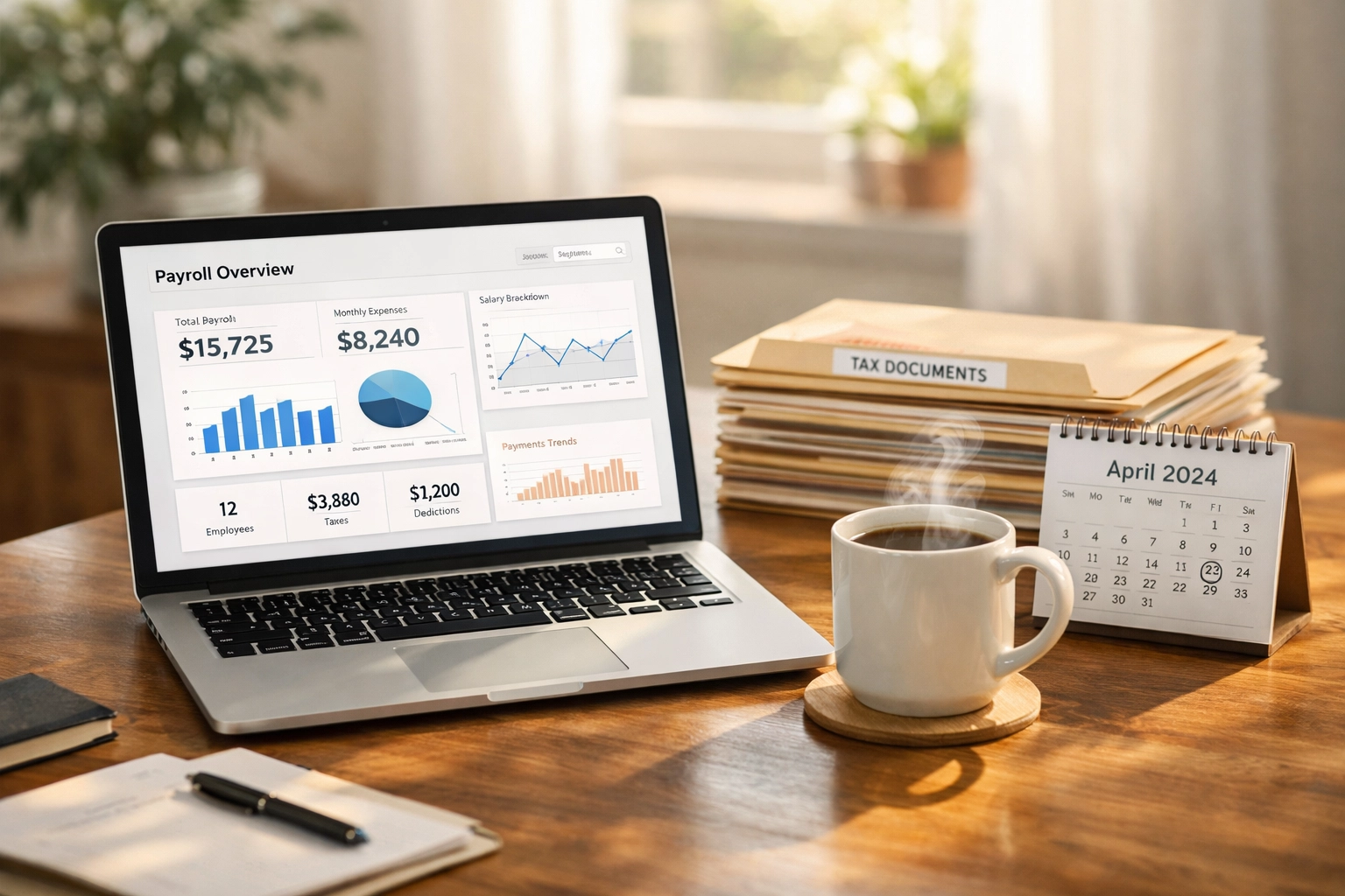 Organized payroll dashboard and tax documents on desk for IRS-compliant record keeping