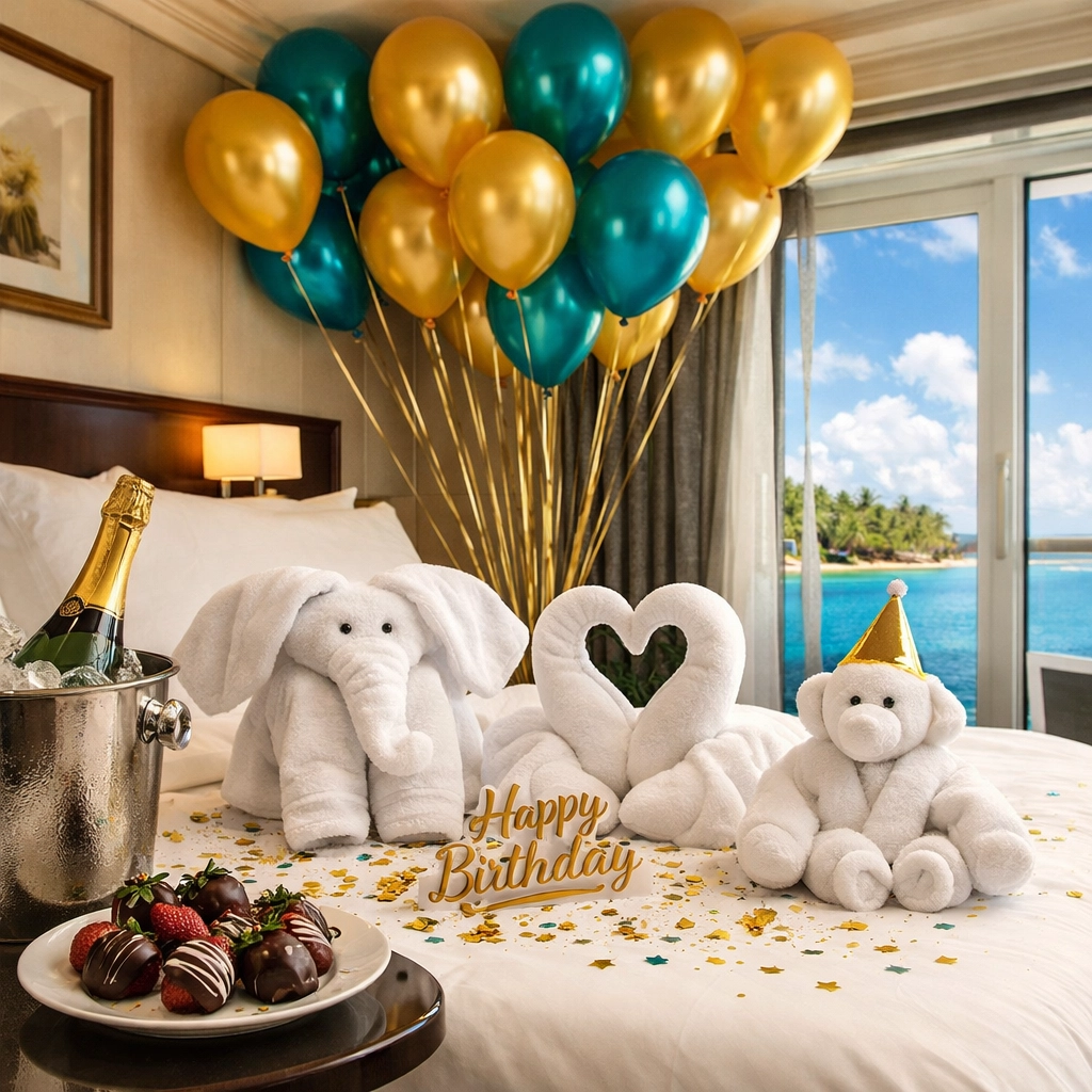 Cruise ship stateroom decorated for a milestone birthday with balloons, champagne, and ocean views.