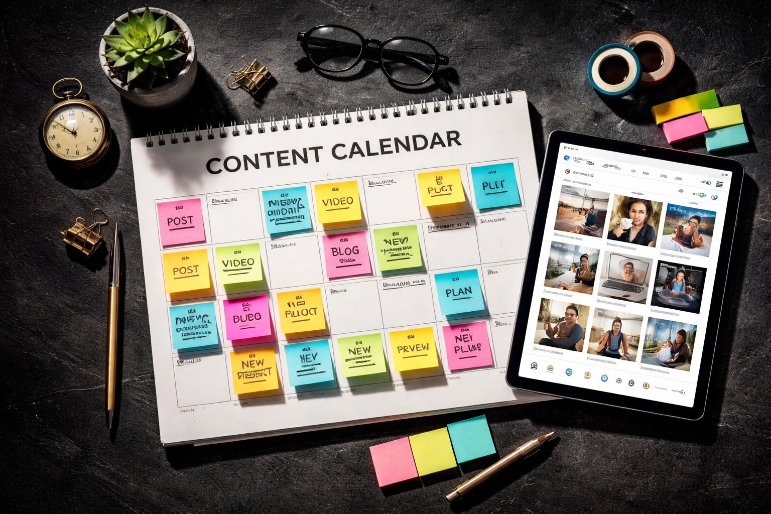 Content calendar, sticky notes, and social media tablet on dark surface, demonstrating monthly digital maintenance for Brisbane bakeries.