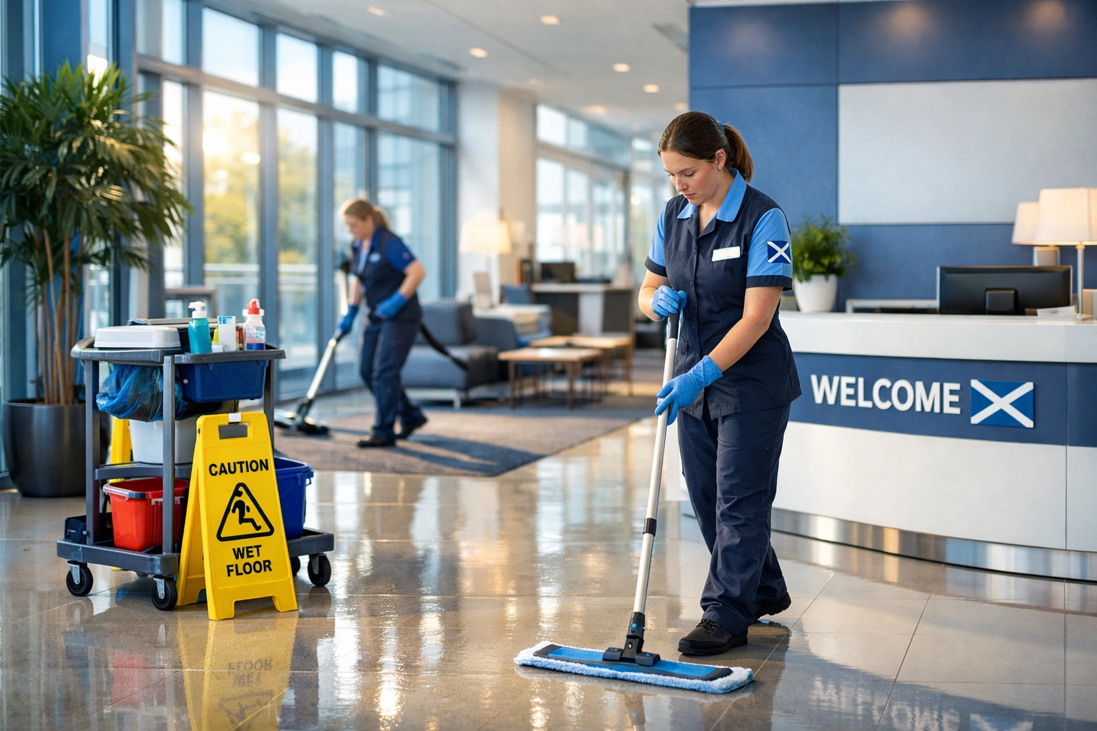 Professional contract cleaning team maintaining modern Scottish office with reliable backup coverage