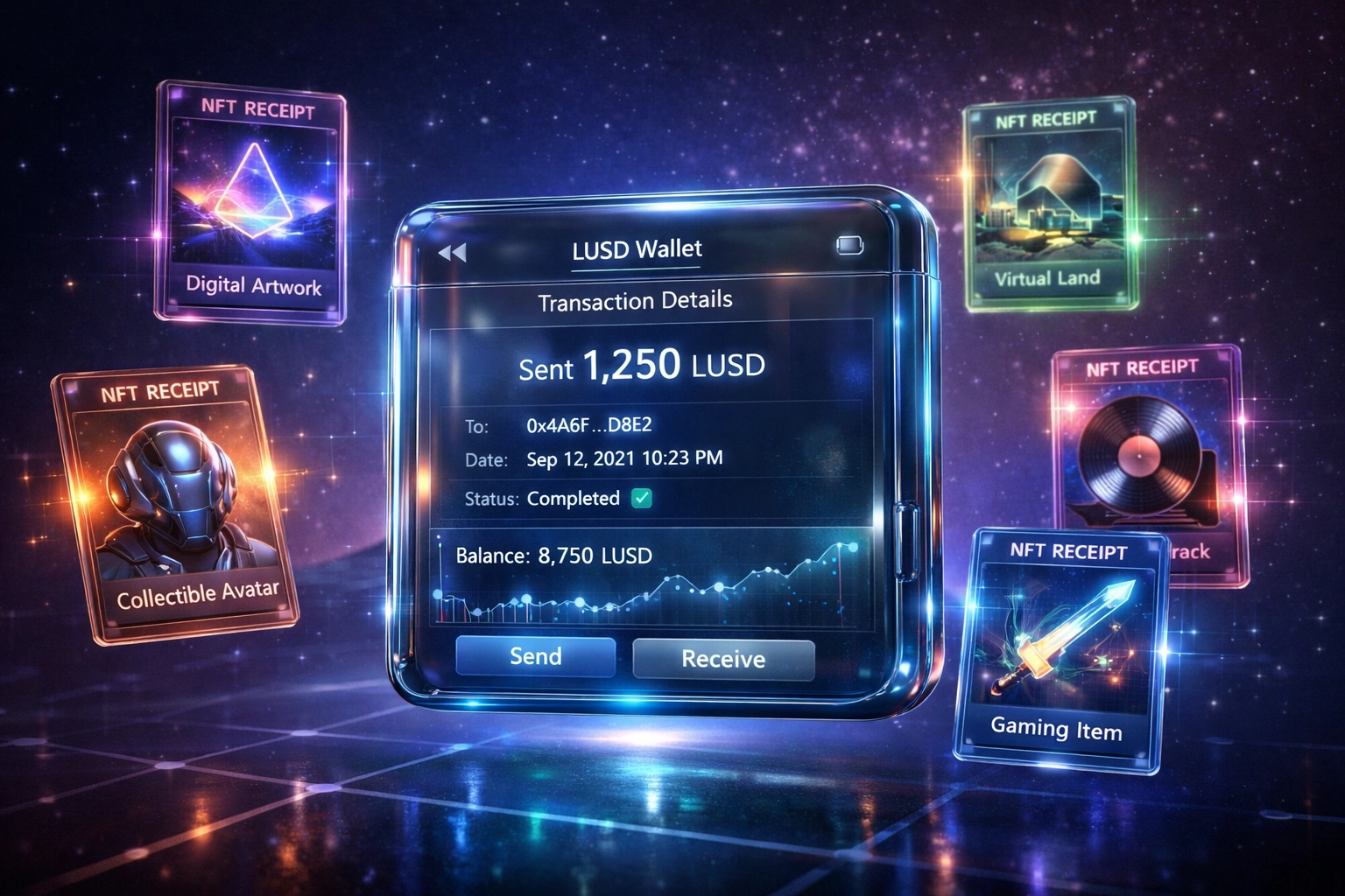 Web3 digital wallet displaying LUSD stablecoin transactions with NFT receipt cards