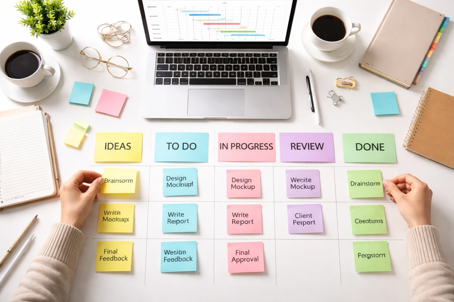 Team members use sticky notes and laptops to structure portfolio governance planning for ServiceNow excellence.