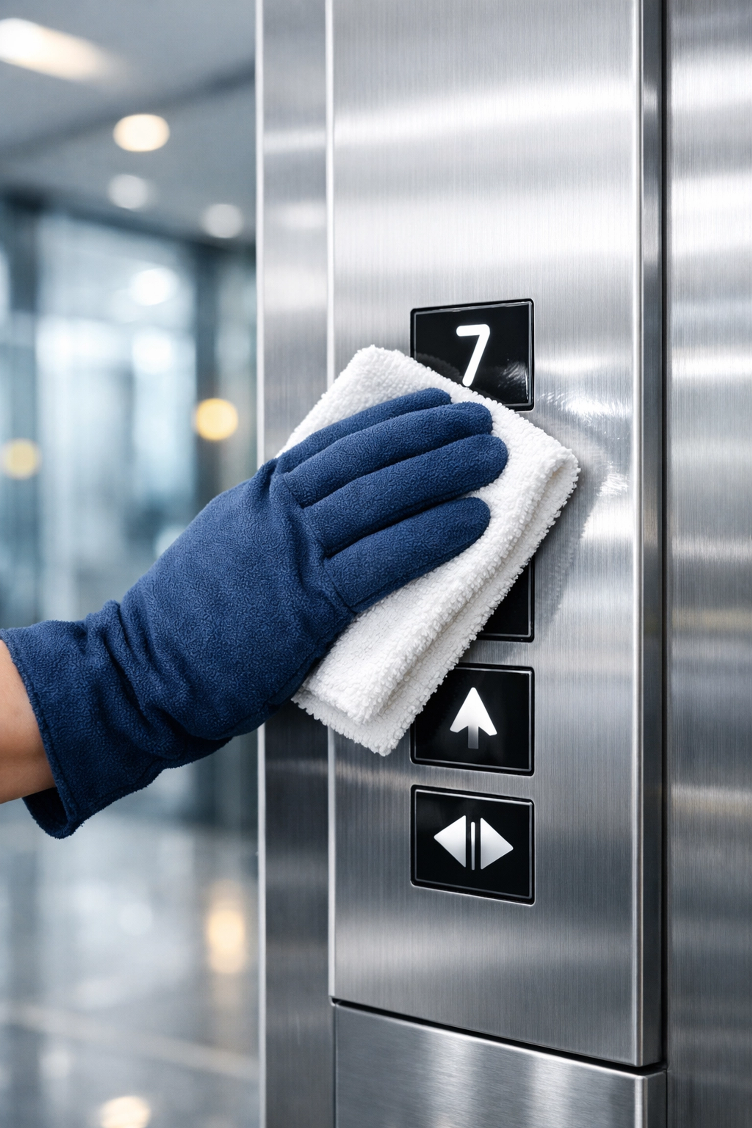 Professional office cleaning in Maynard showing sanitized elevator panels in a modern corporate building.