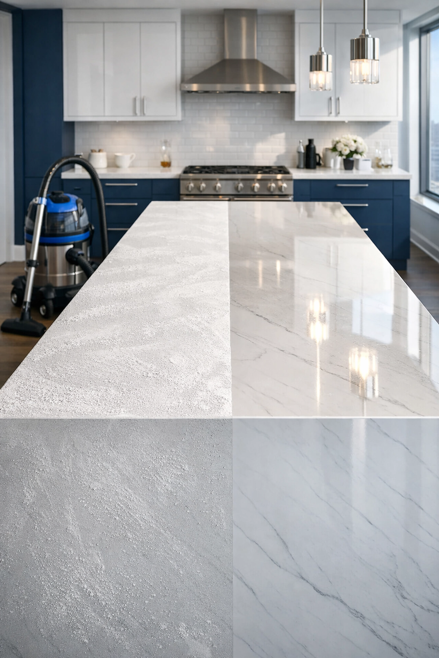 Professional post-construction cleaning MA service removing drywall dust from a modern Boston kitchen island.