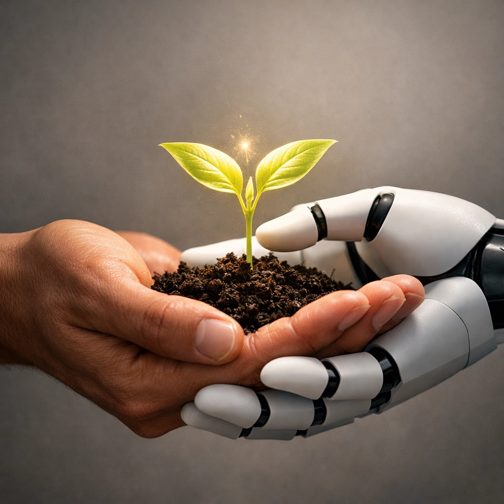 Human and robotic hands supporting a sprout, illustrating the balance of soft skills and AI in admin recruiting.