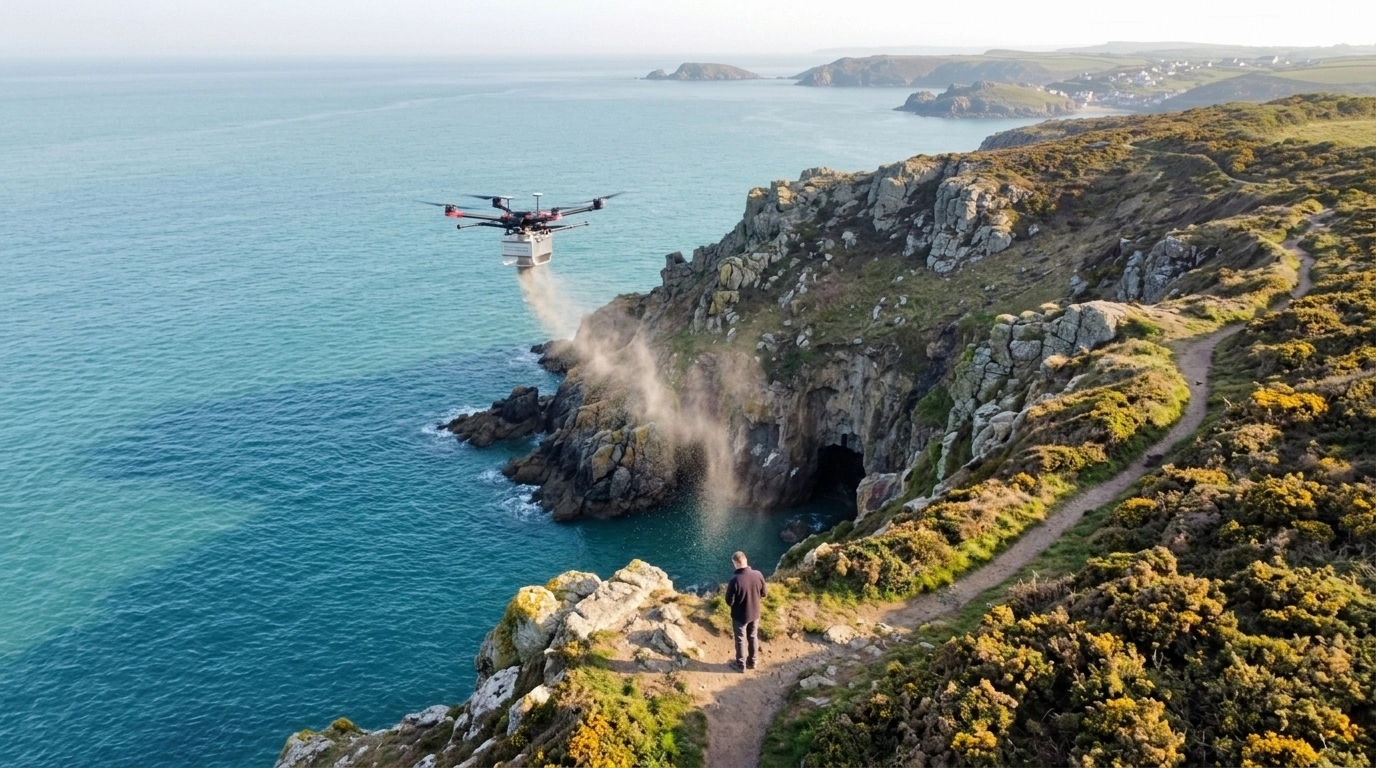 A drone scattering ashes over a quiet coastal path for a pet memorial