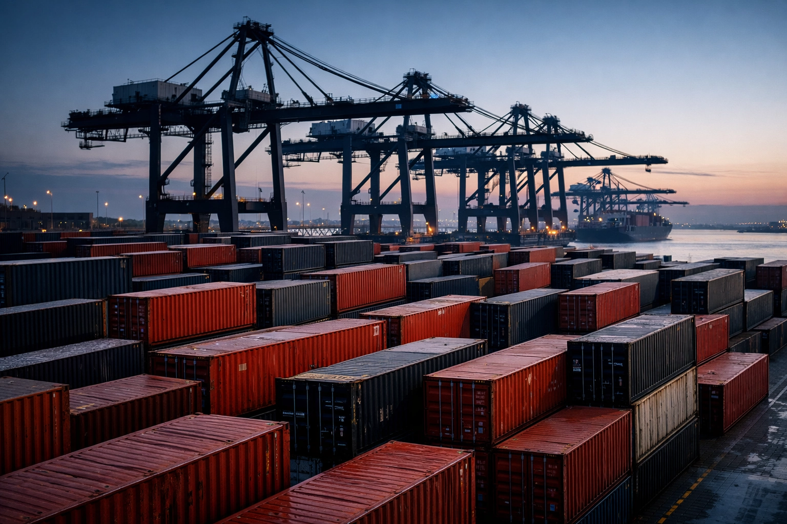 Canadian shipping port at dawn with cargo containers representing Indo-Pacific trade and global logistics.