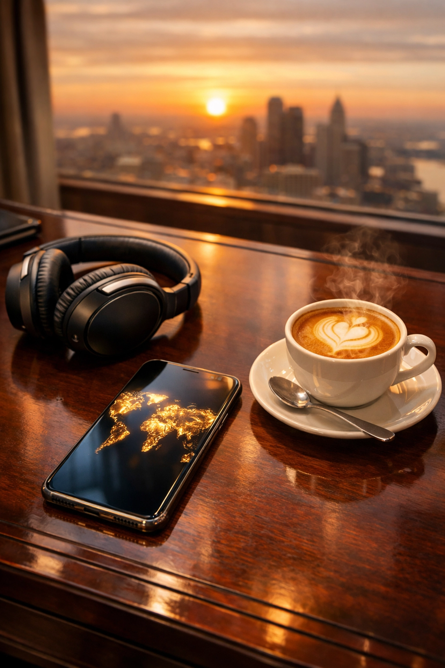 Professional workspace with world map and coffee symbolizing global business communication from Terre Haute.