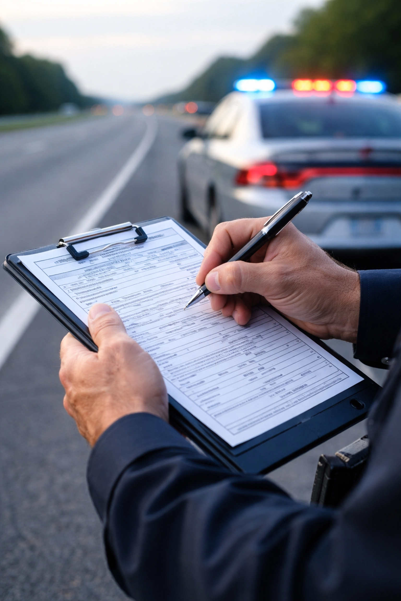 Ohio police officer writing a speeding ticket on the highway, illustrating traffic violations and auto insurance increases