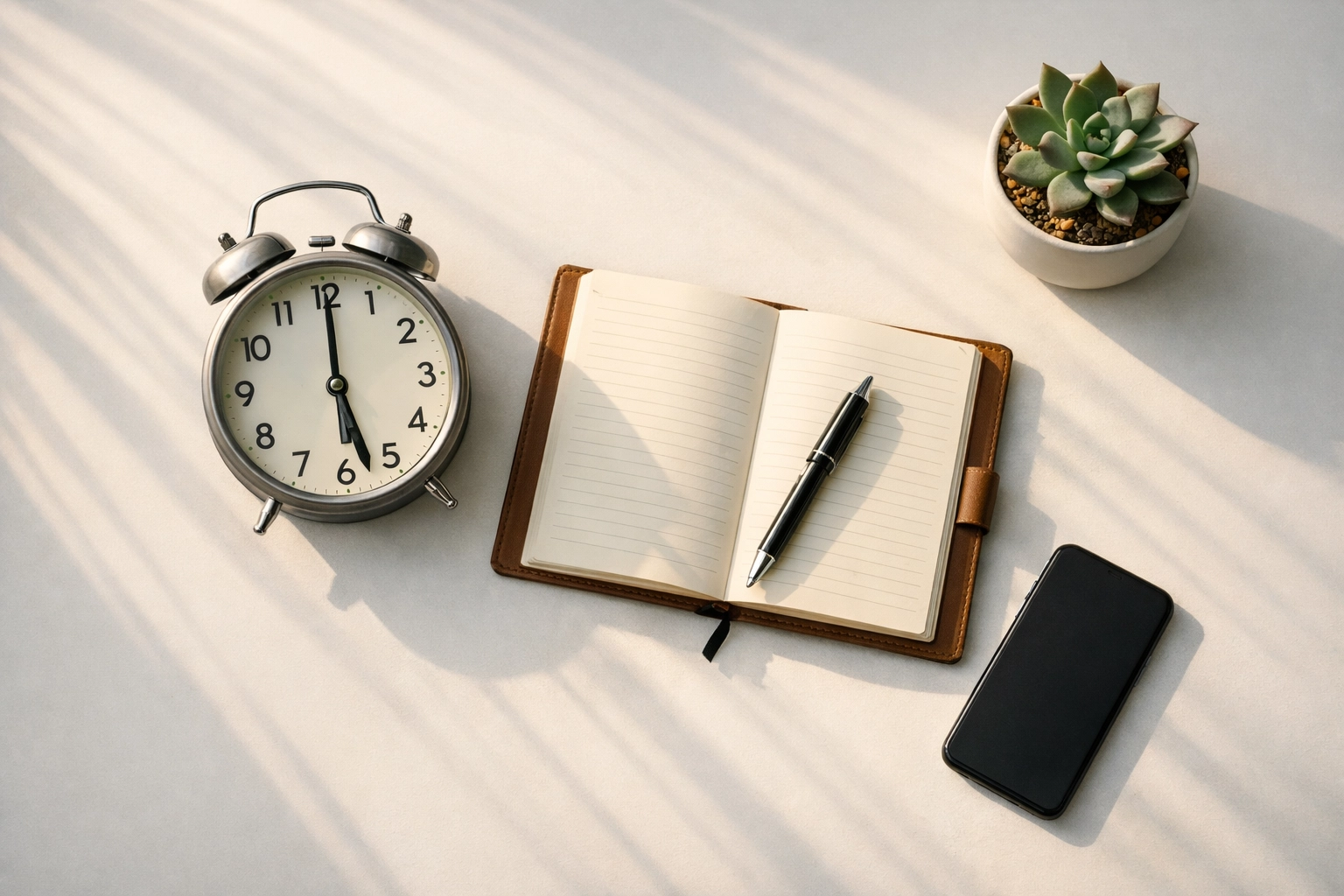 Minimalist 5 AM morning routine setup with clock, journal, and intentionally placed phone