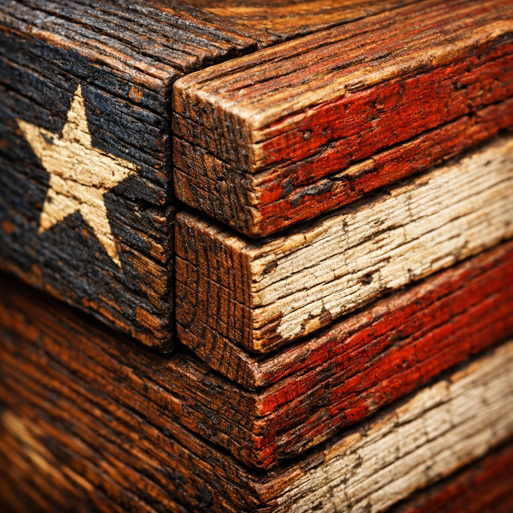 Solid wood joinery and stripes of a handcrafted american flag showcasing quality construction.