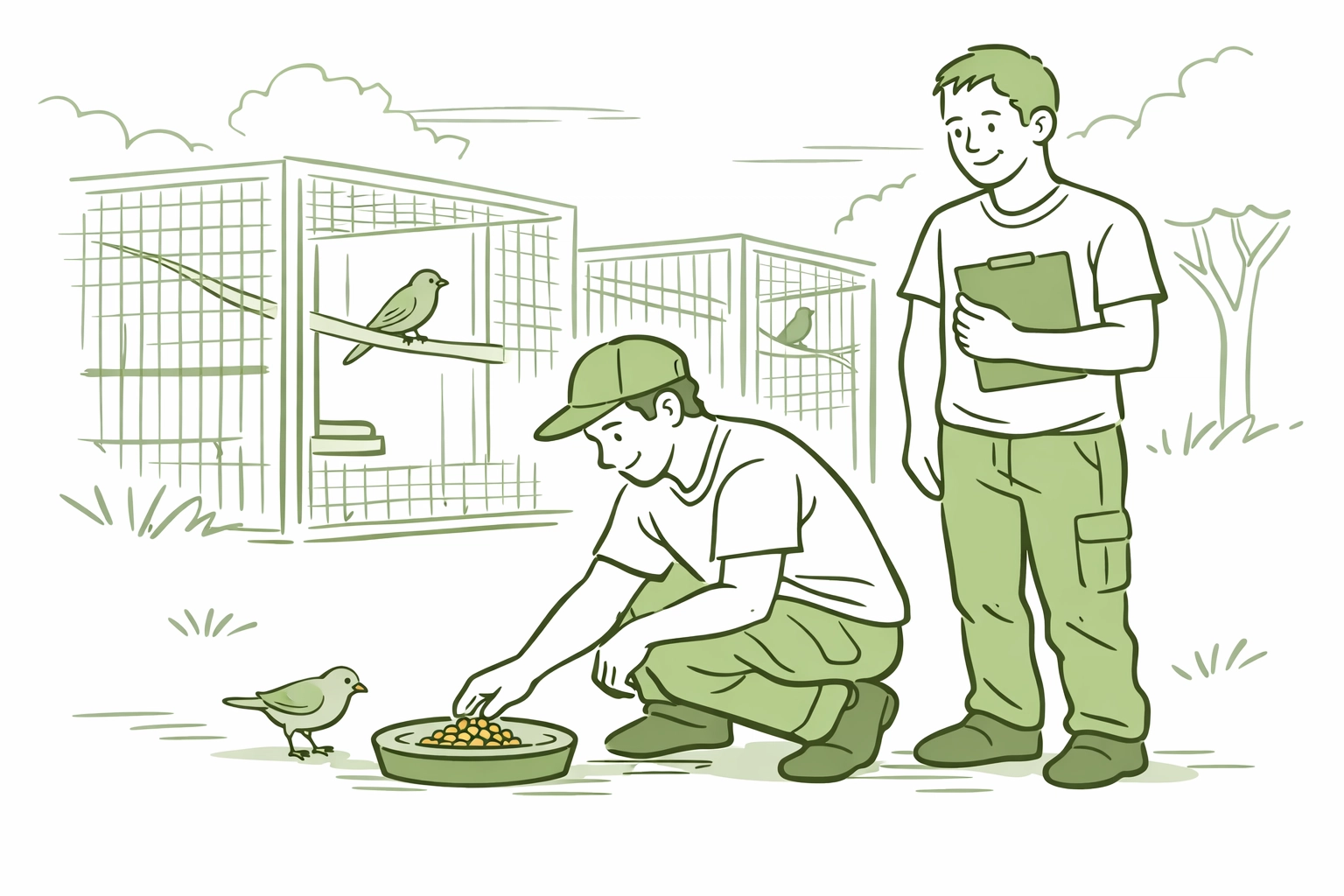 Gay male volunteers feeding birds at rehabilitation center, teamwork in conservation