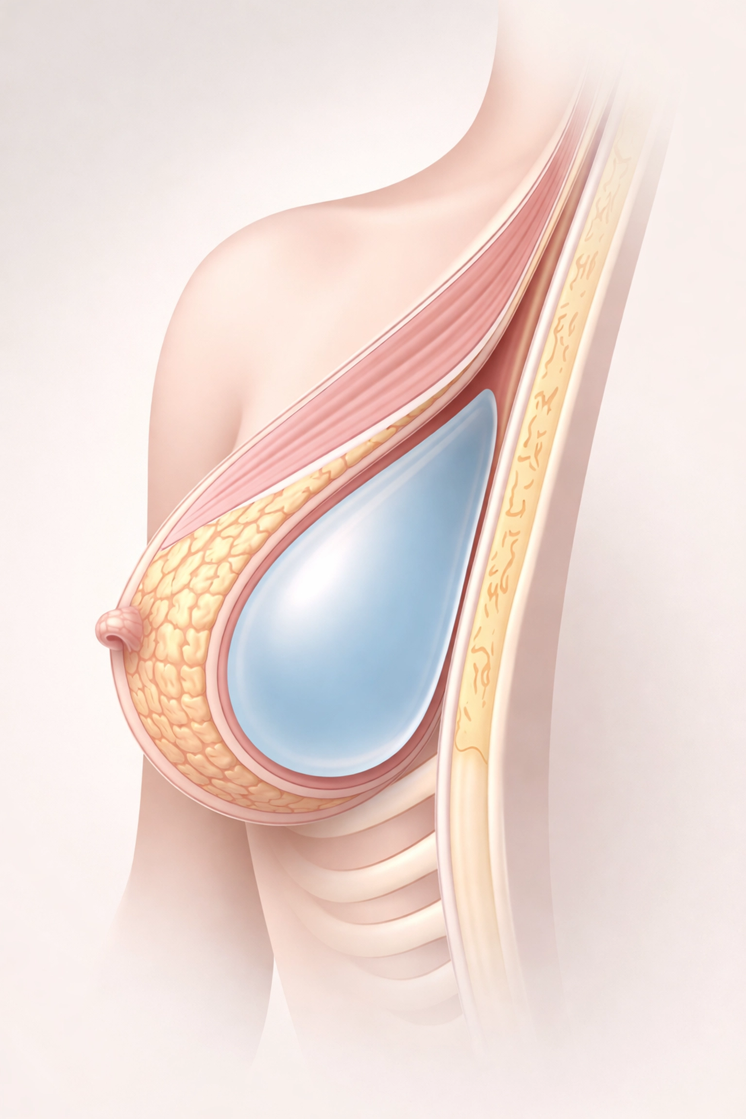 Illustration showing breast implant placement under the muscle for natural results