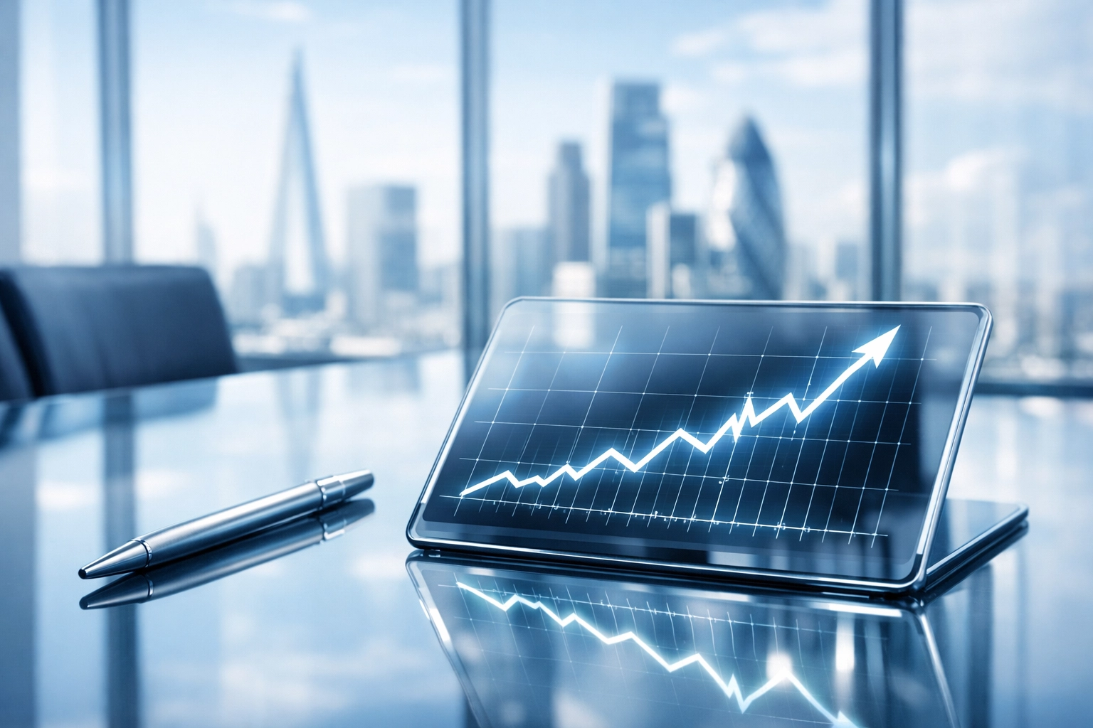 A digital tablet showing a rising line graph representing measurable ROI from sales competency training.