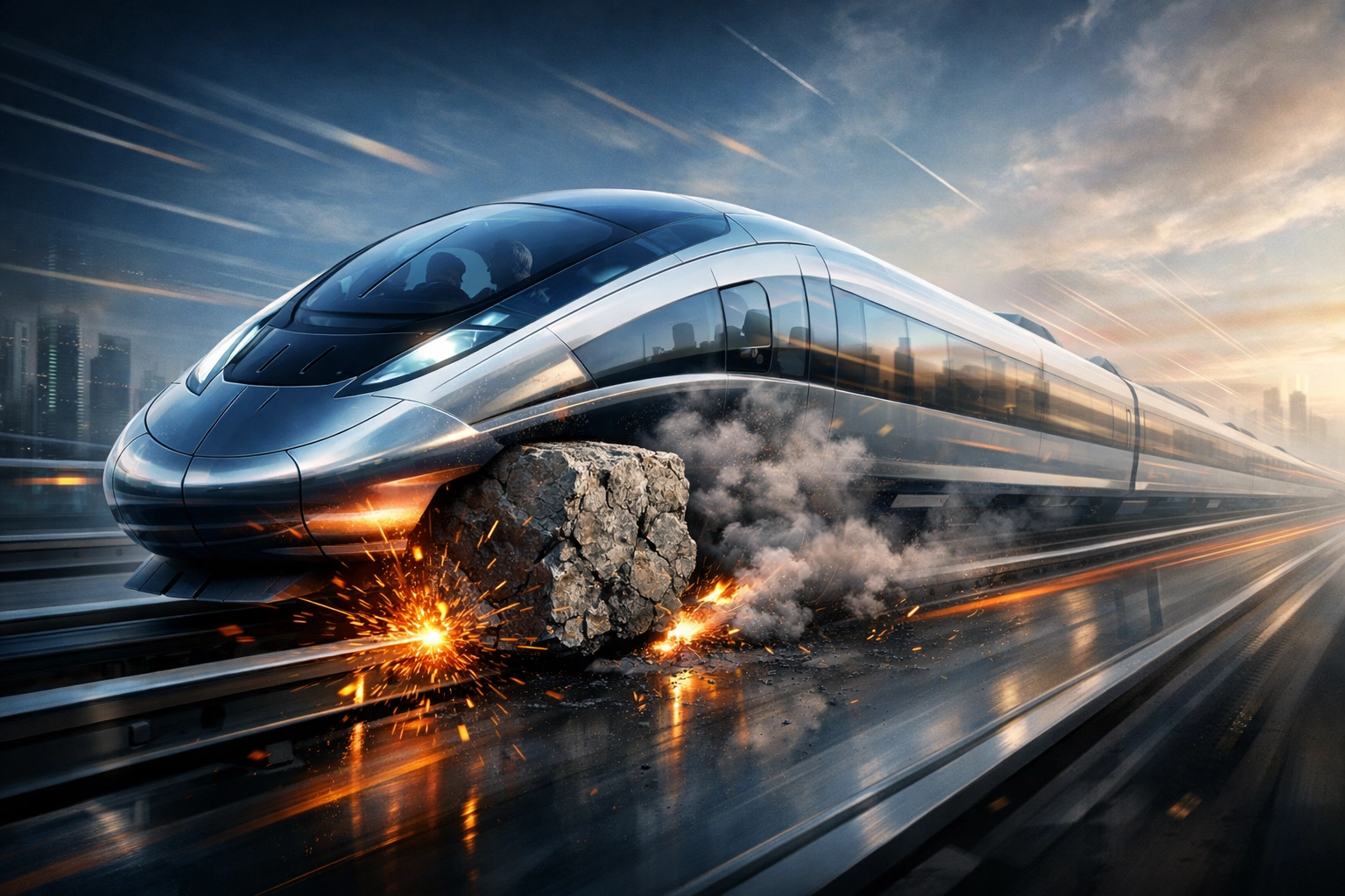 A fast-moving startup train hindered by a jagged wheel symbolizing hiring mistakes.