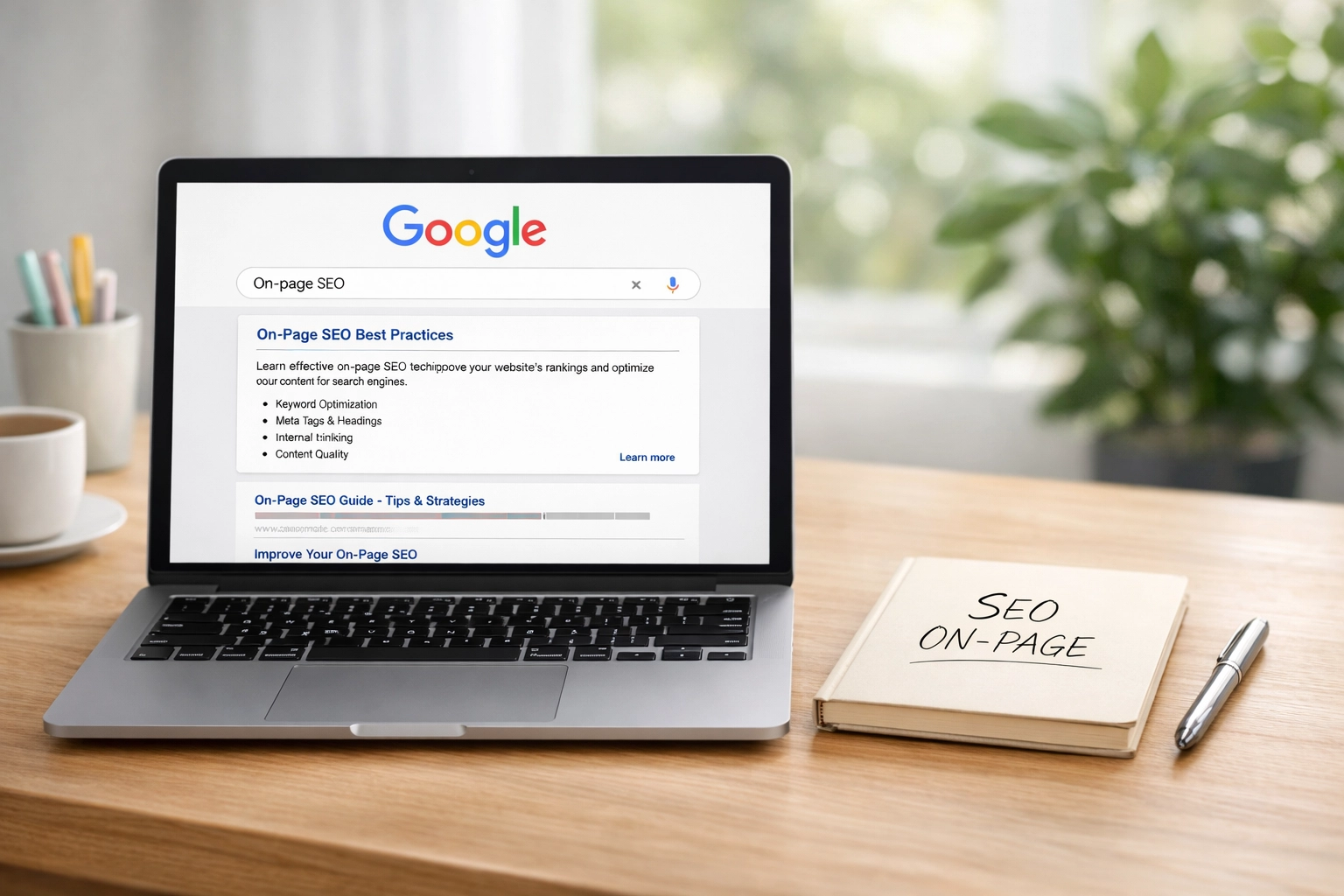Ordinateur affichant des résultats de recherche Google optimisés pour le SEO On-Page.