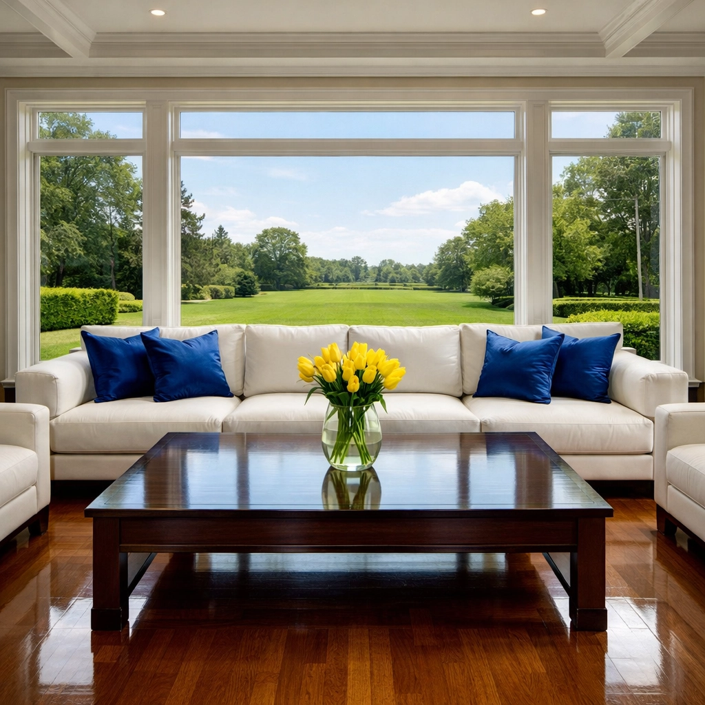 Spotless high-end living room in Massachusetts featuring polished hardwood floors and clean furniture.