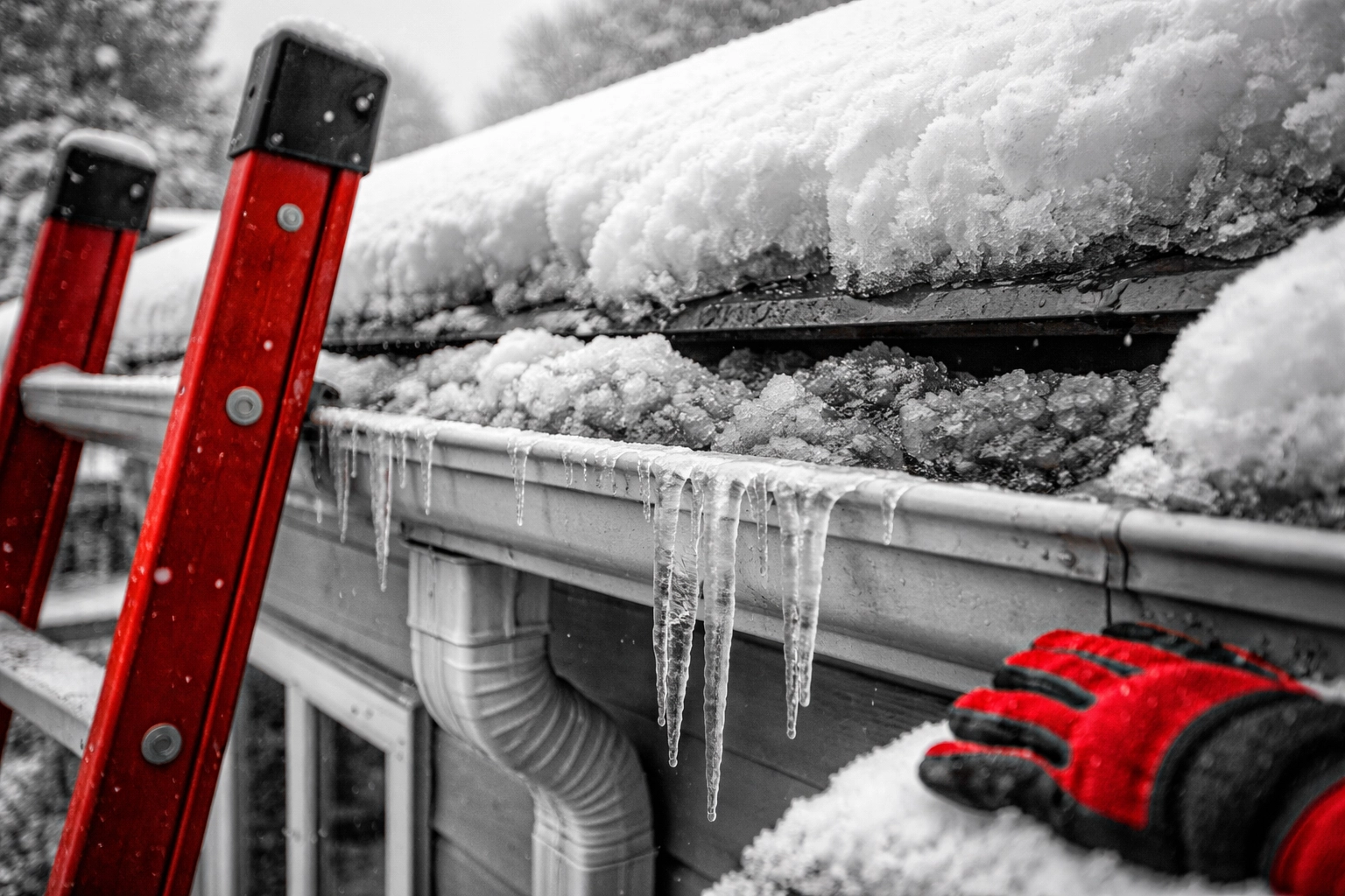 Heavy snow and ice dam risk at a Salisbury roof edge with clogged gutter and downspout