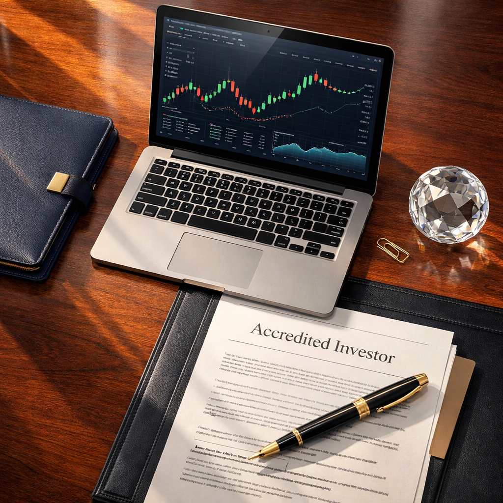 Accredited investor qualification documents and financial charts on desk