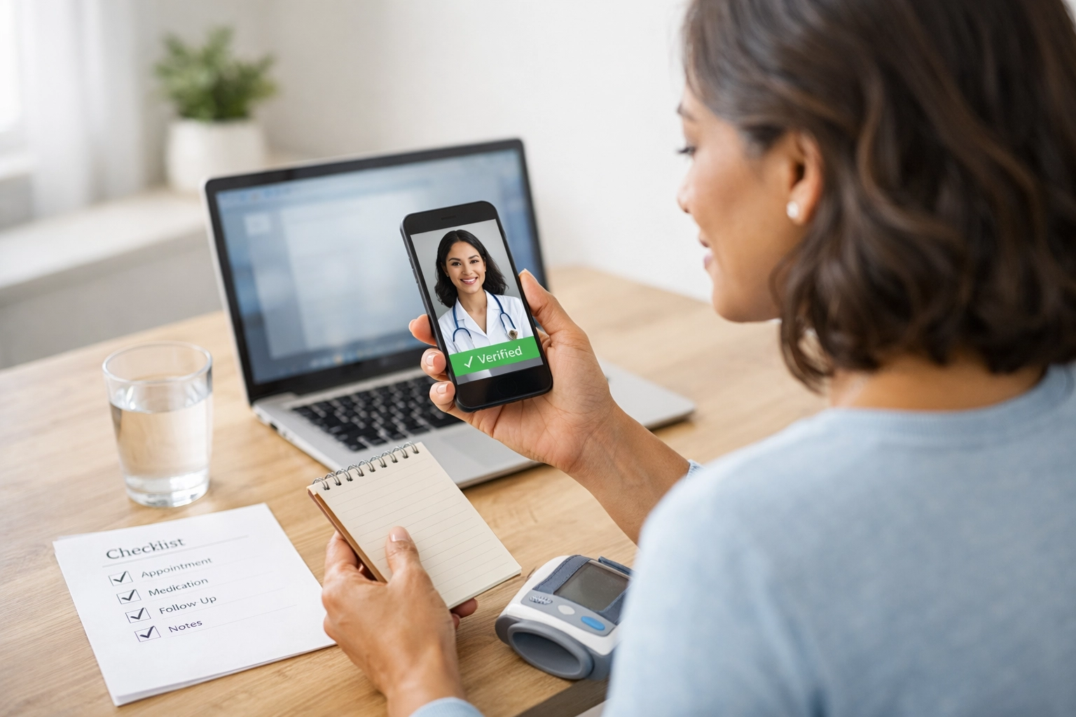 Patient verifying credentials for a safe online weight-loss doctor consultation in California.