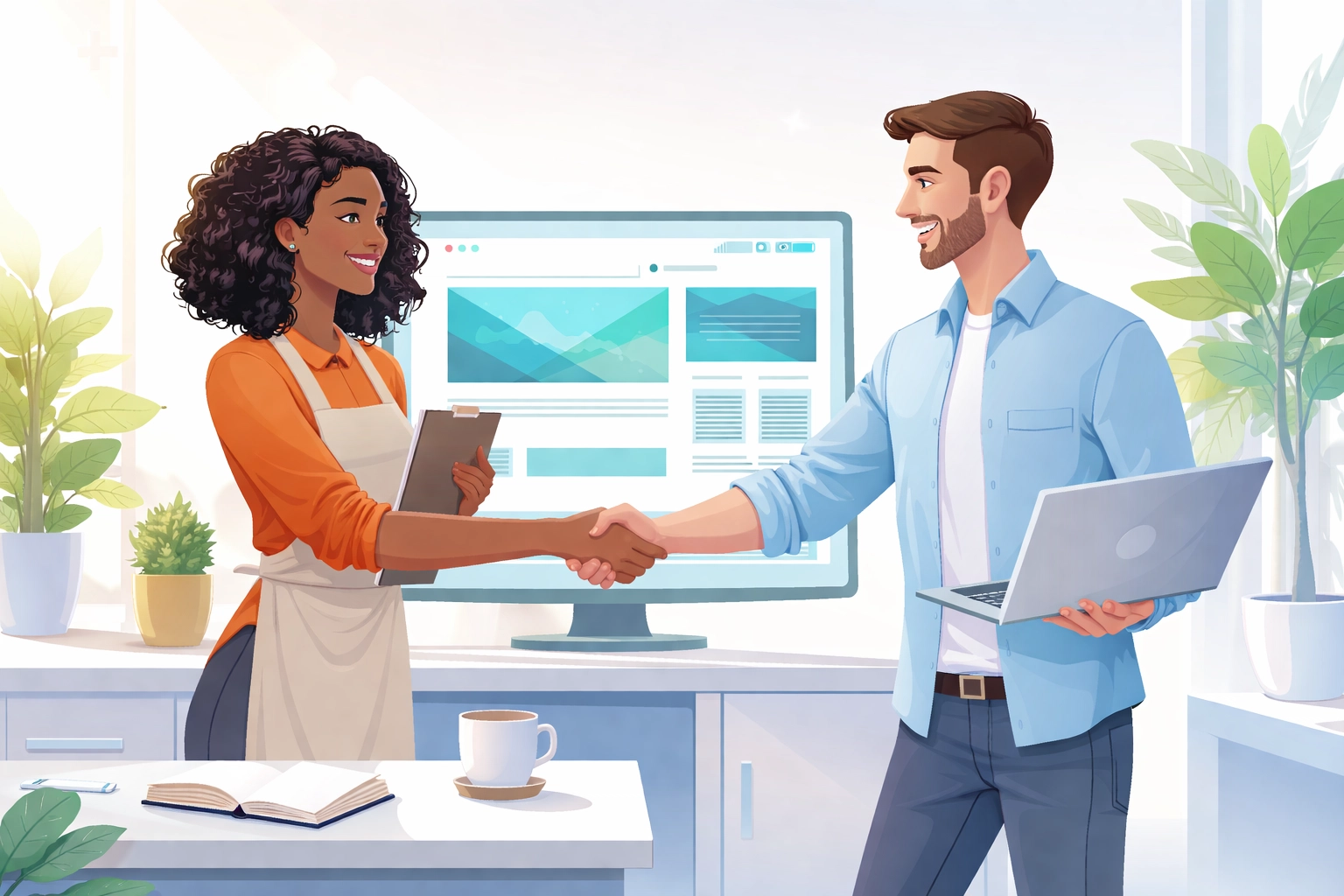 Alpharetta small business owner meeting with local web designer, discussing professional website solutions