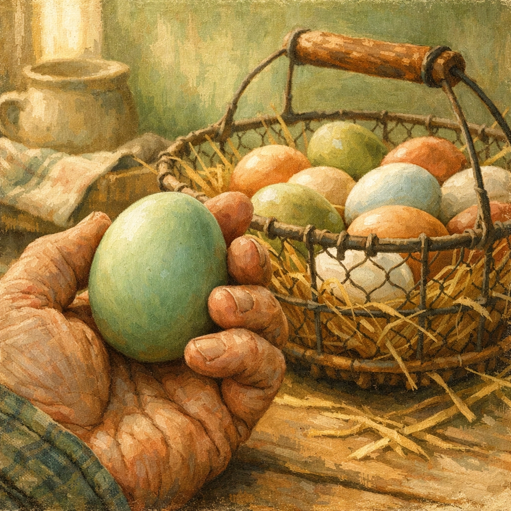 Farmer holding sage green egg with basket of farm fresh colorful eggs