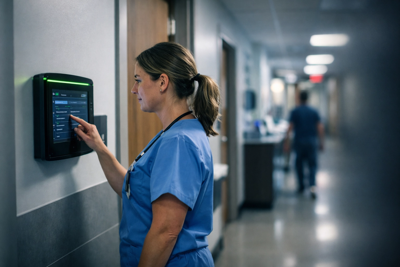 Secure managed IT services for healthcare clinics in Lincoln NE, showing staff using a medical terminal.