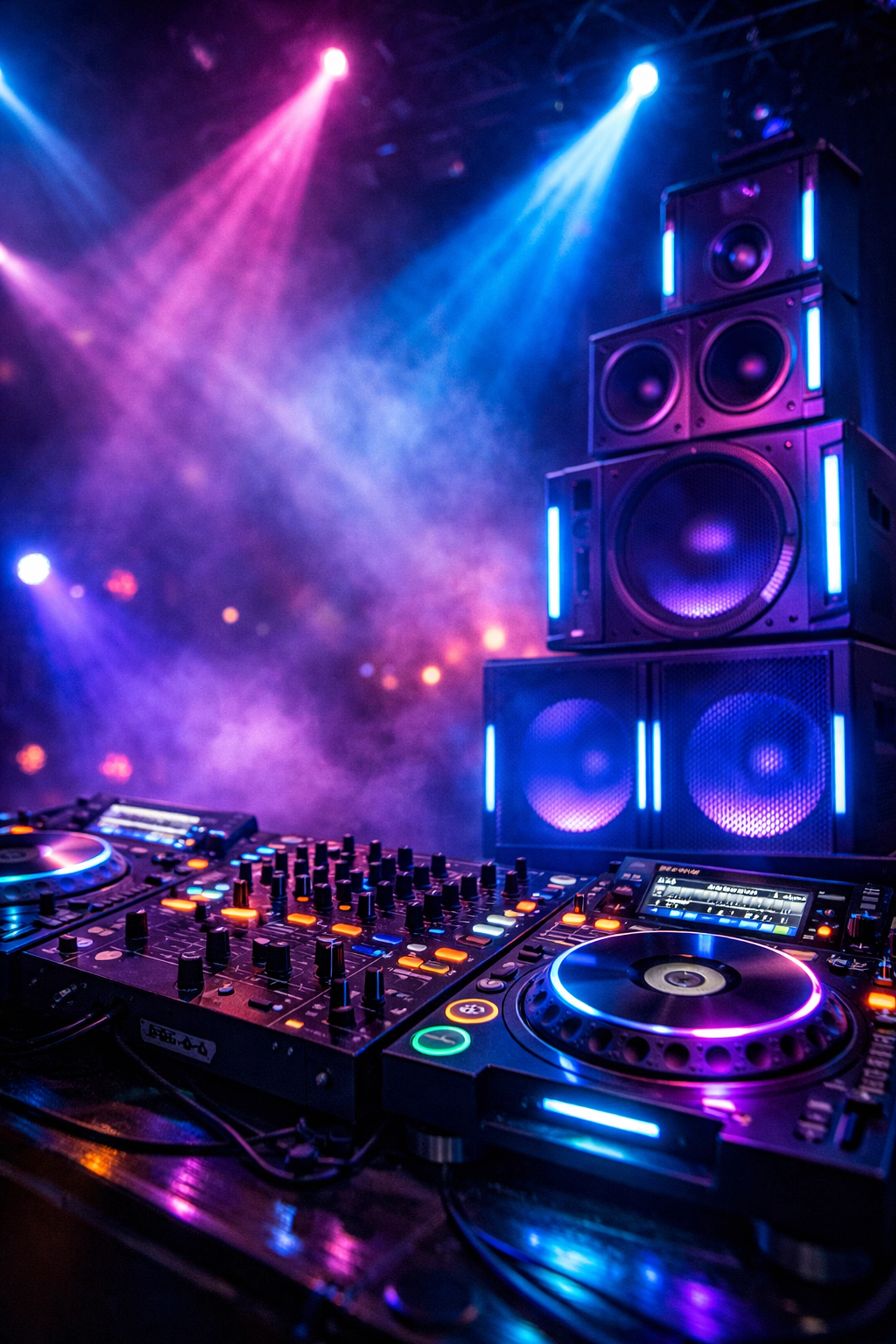 Professional DJ sound equipment with LED lighting at dance event venue
