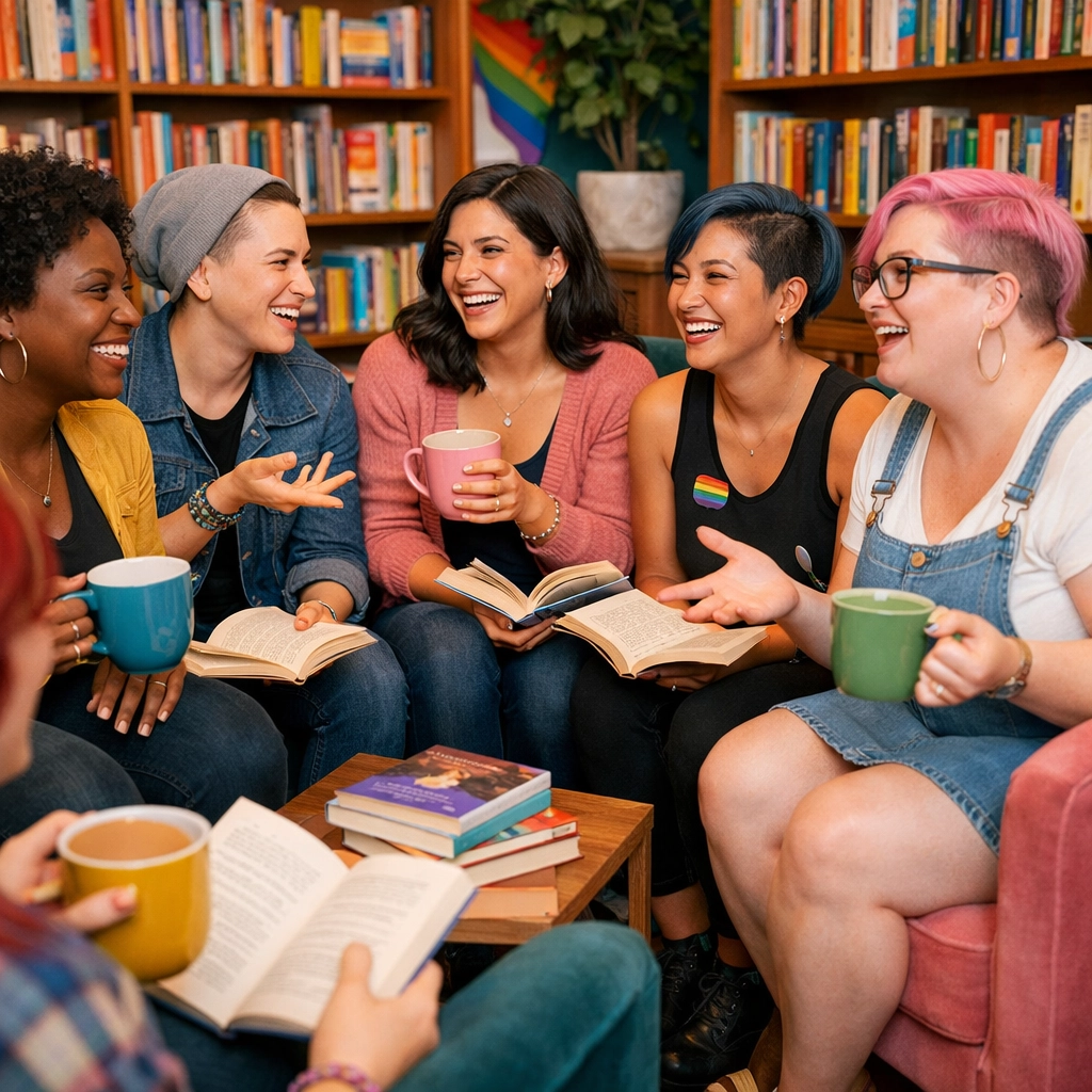 Diverse LGBTQ+ group discussing queer fiction in a bookstore to foster community.