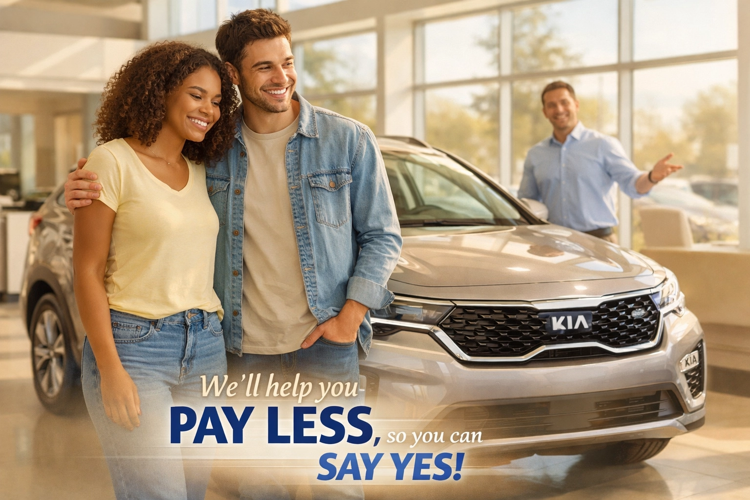 Couple shopping for Kia SUV at Sacramento dealership with bad credit auto financing approval